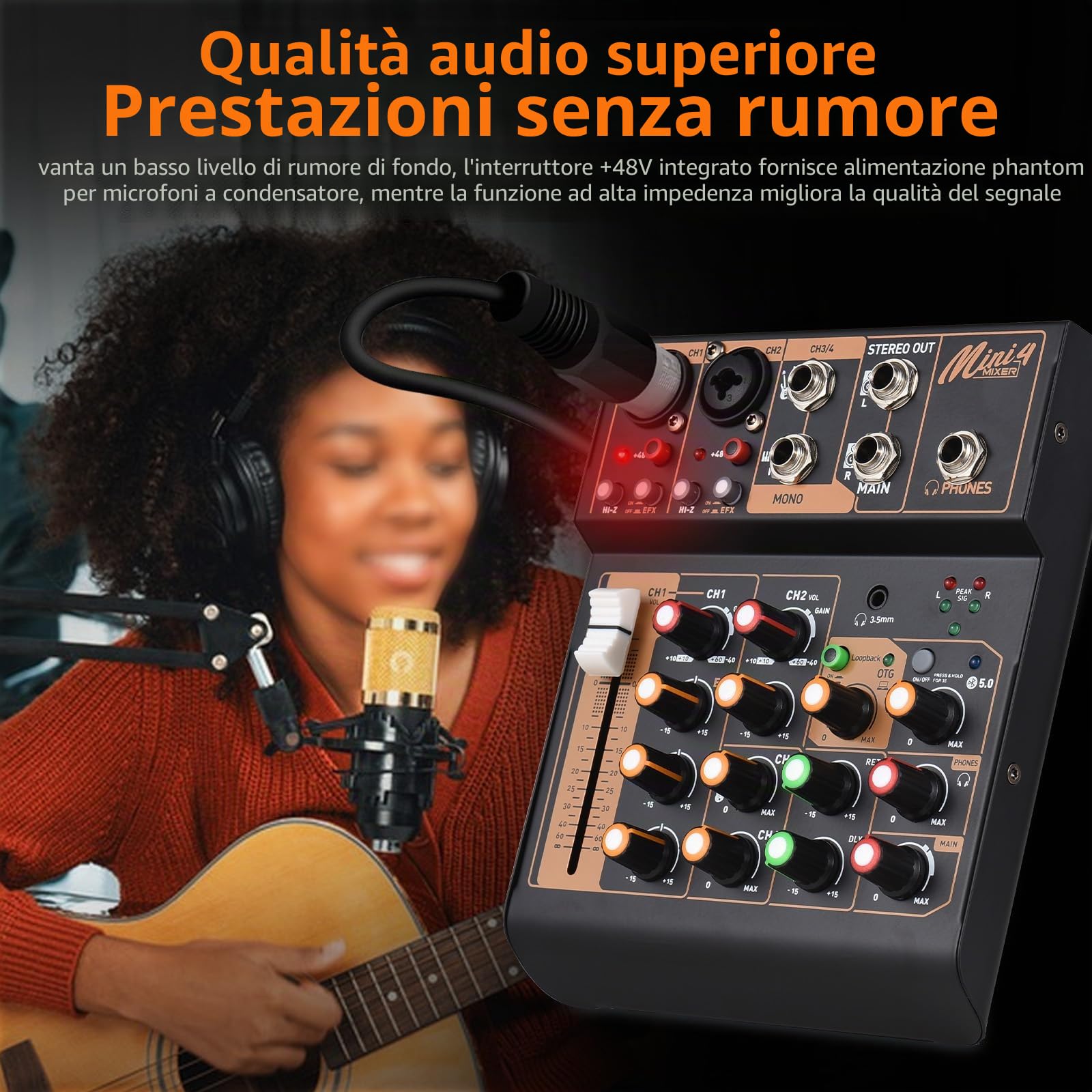 Mixer Audio Console Mixer DJ Portatile a 4 canali Mini Scheda di missaggio Audio con USB BT 48V Alimentazione Phantom EQ a 3 Bande Pulsante Loopback Console Audio per spettacoli dal Vivo Feste