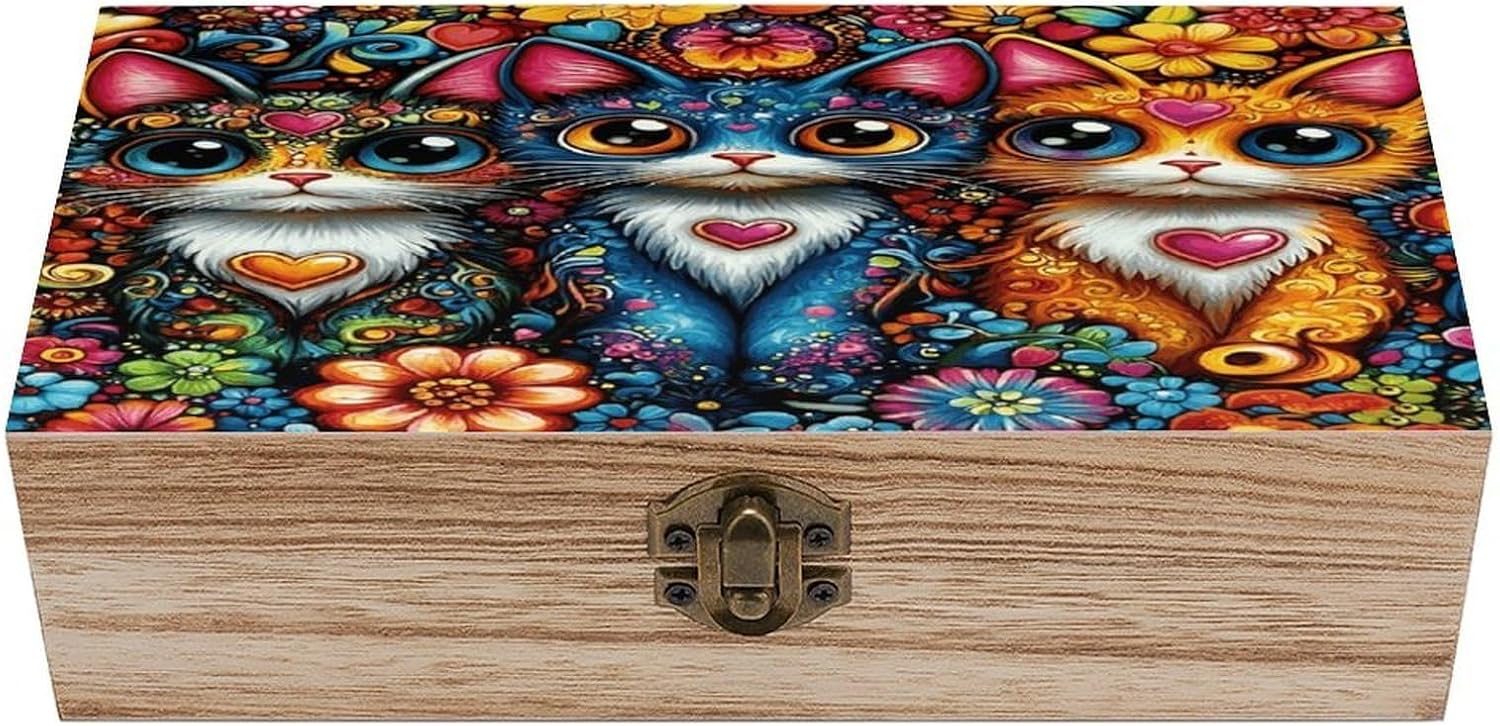 Three Colorful Cats Wooden Storage Box Vintage Jewelry Box