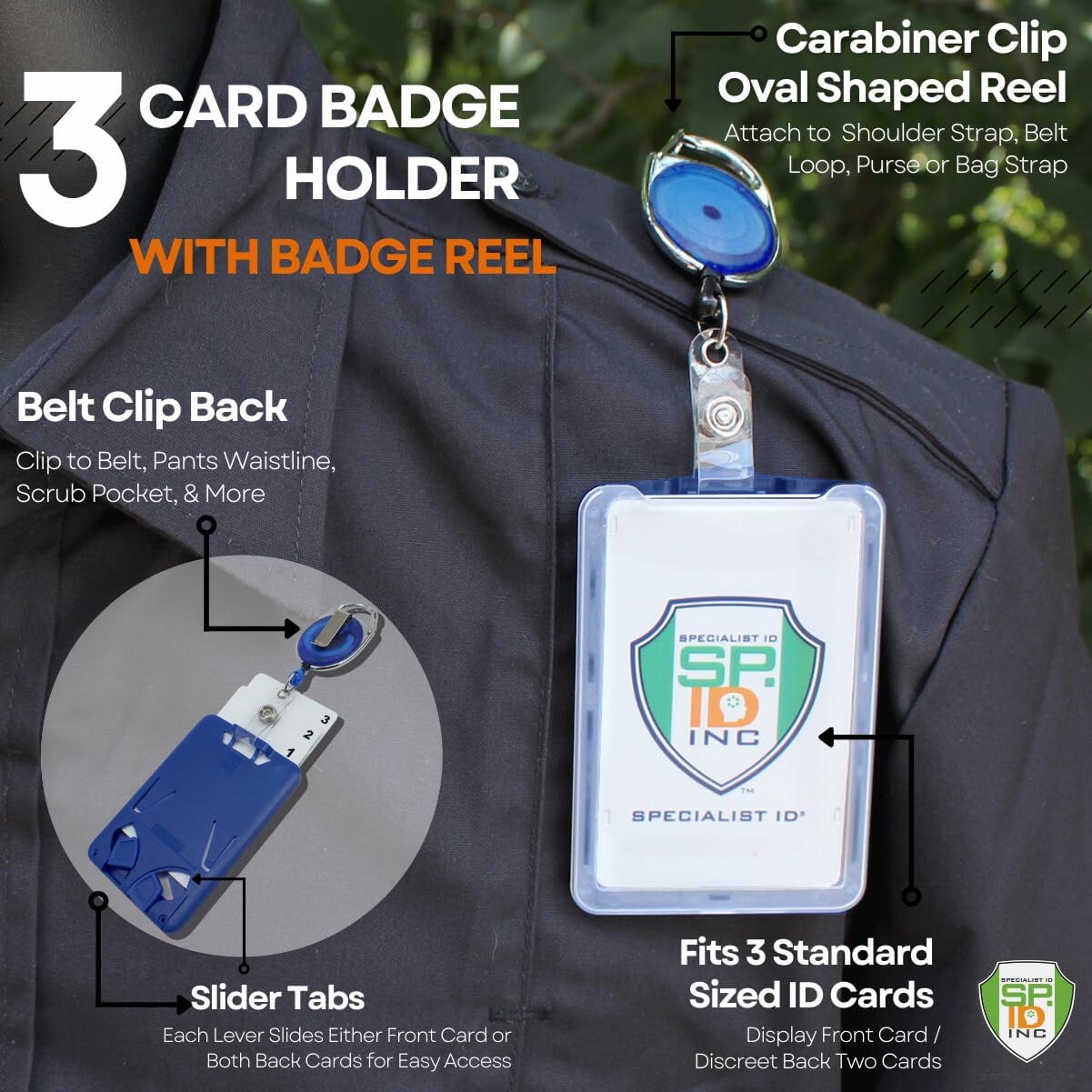 5 Pack - Hard Plastic 3 Card Badge Holder with Badge Reel - Retractable ID Lanyard Features Belt Clip & Carabiner - Rigid Vertical CAC Holder - Top Load Holds Three Cards (Royal Blue)