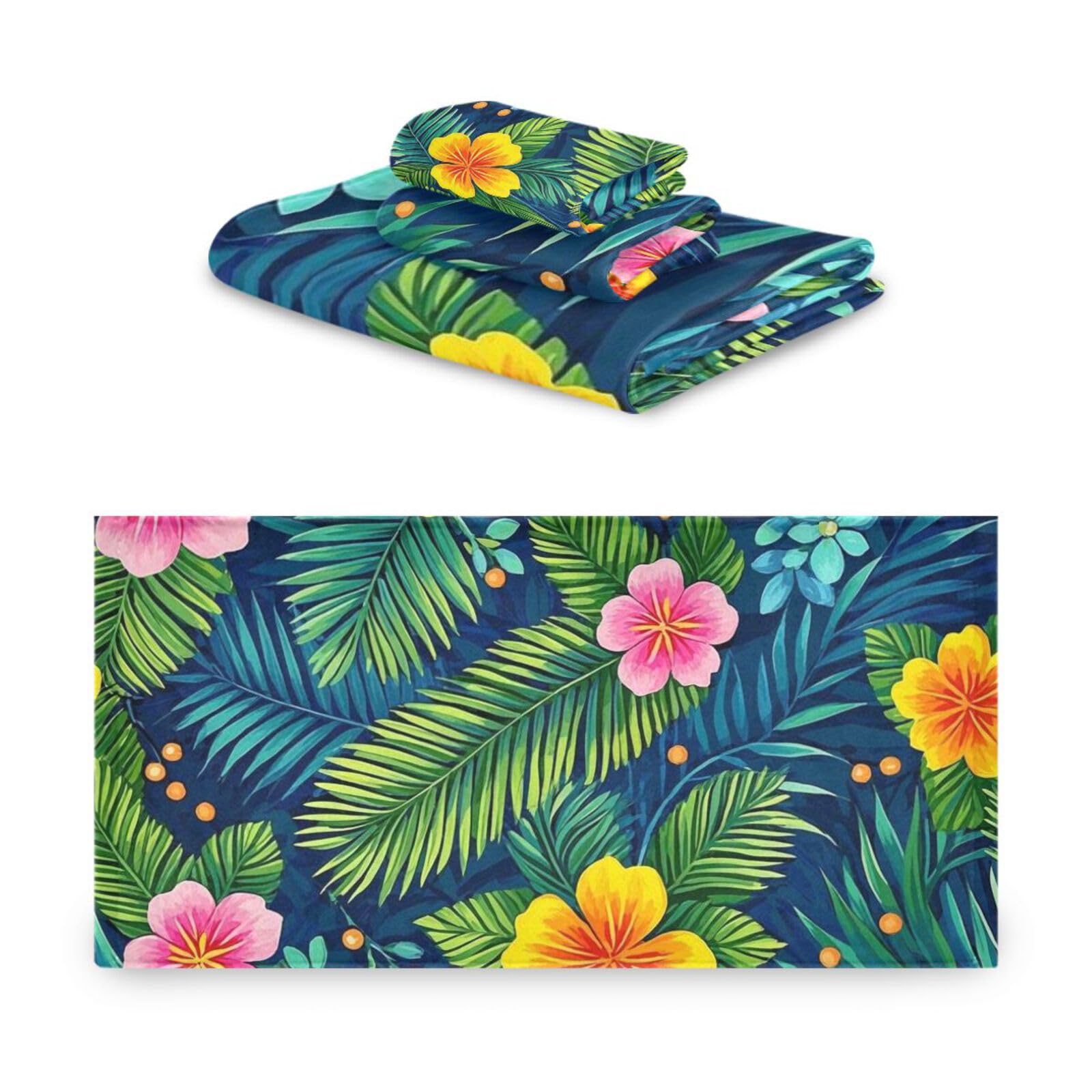 Set di 3 asciugamani decorativi colorati con foglie tropicali, 1 asciugamano da bagno, 1 asciugamano per le mani, 1 panno per la casa, cucina e famiglia