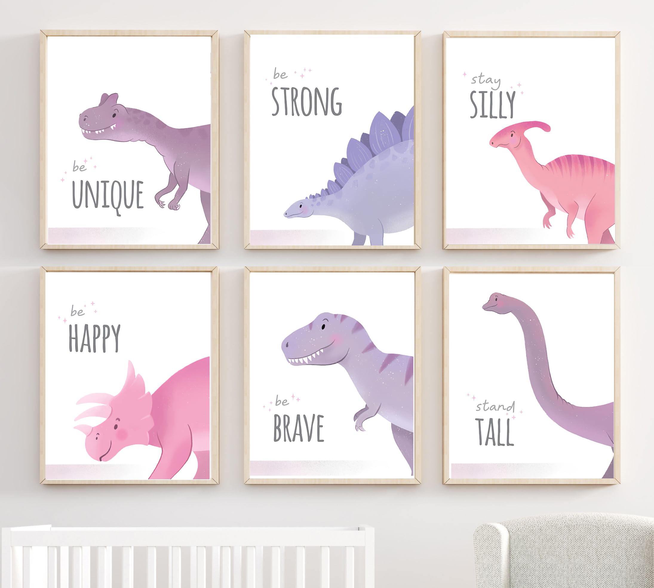 Set of 6 Pink and purple Dinosaurs Nursery Prints Nursery wall art prints Home Decor (A4)