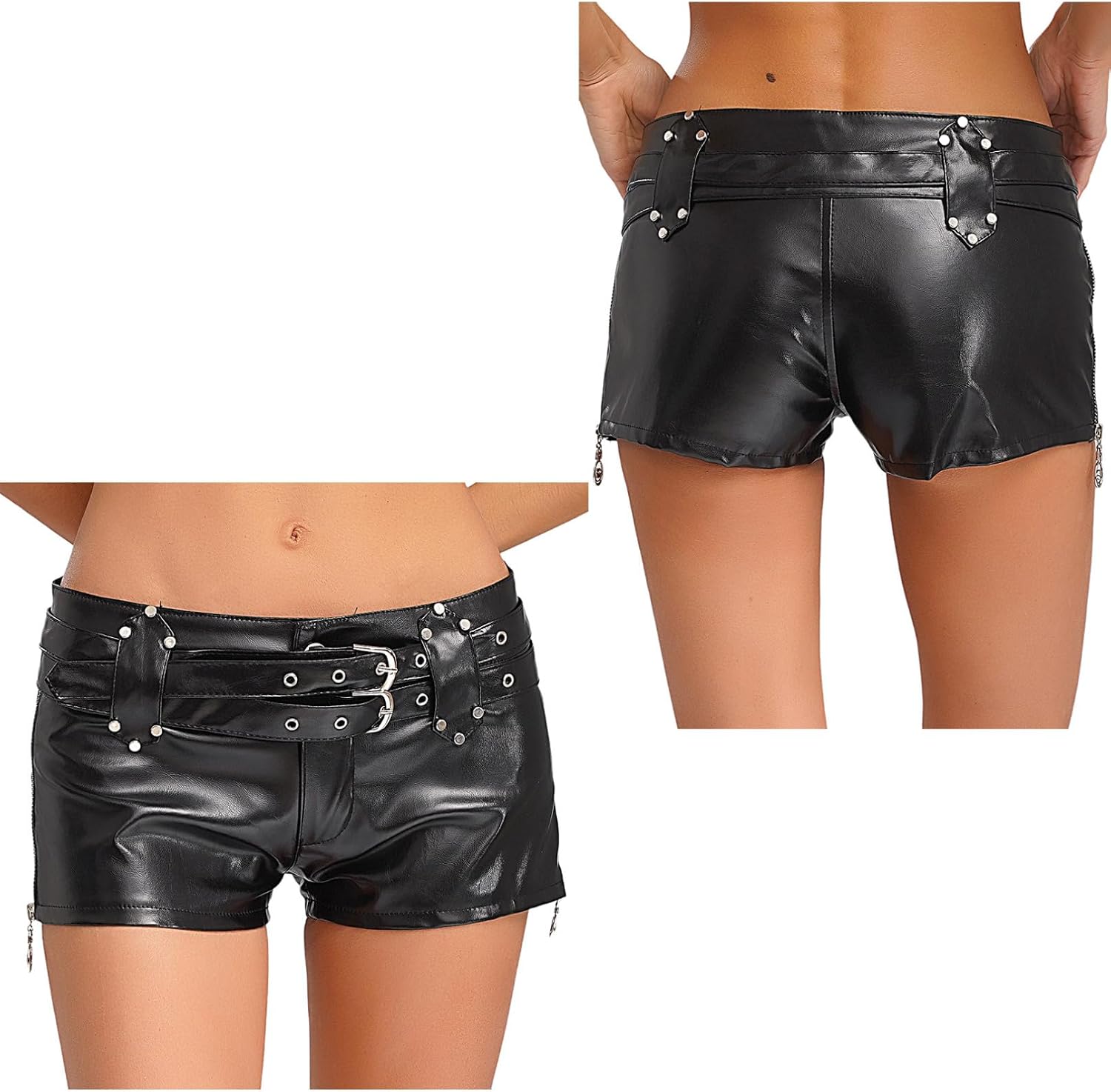YiZYiF Women Latex Booty Shorts Low Rise Adjustable Belts Gothic Punk Hot Pants Zipper Dance Bottoms