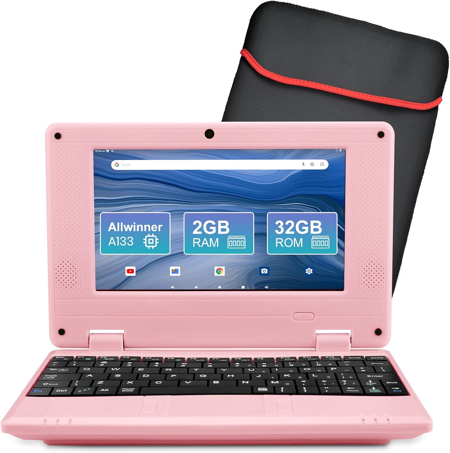 7" Portable Small Laptop, Android 12.0 OS with 2GB RAM 32GB ROM,Processor A133P Type-C 5V 2A Mini Laptop Notebook for Kids (Pink)