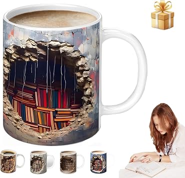 Library Bookshelf Mug, Bookshelf Design Ceramic Coffee Cup with 3D Visual Effect, Book Lovers Gifts for Readers, Librarians, Writers & Book Clubs, 11oz Novelty Mug for Birthday Christmas
