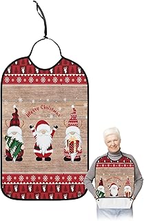 BOBOWUNY Christmas Gnomes Adult Bibs for Elder Women Men Eating, Red Plaid Retro Wood Elk Snowflake Xmas Tree Waterproof & Washable Bibs for Eating Clothing Protector Dining Bibs for Crumb Catcher