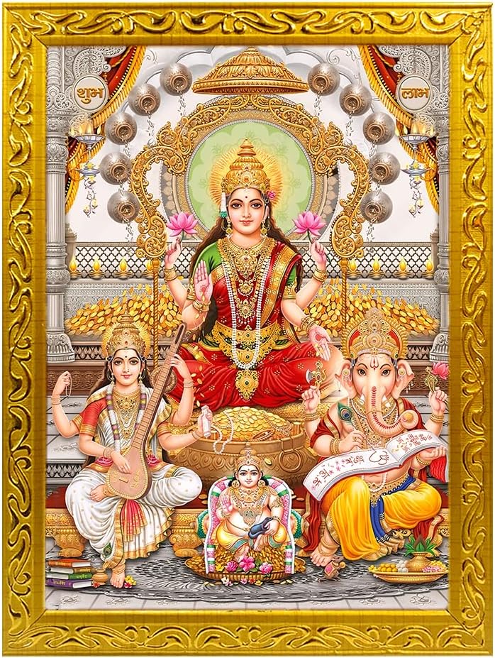 Framecart laxmi ganesh saraswati with kuber ji photo frame - Small and Large Acrylic Frames for Table, Temple, Wall, Mandir, Gym, and Outdoor Spaces, for Home Decor (5 x 7 inches, Laxmi Ji 4)