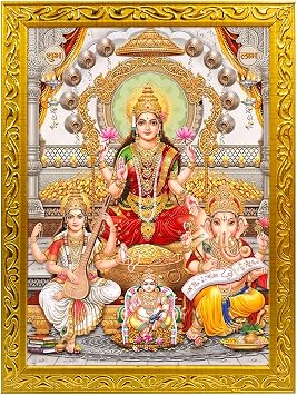 Laxmi Ganesh Saraswati With Kuber Ji Square Photo Frame - Small & Large Acrylic Frames For Table,Temple,Wall,Mandir,Gym,& Outdoor Spaces,For Home Decor 4 X 6 Inches,Laxmi Ji 1,Multicolor