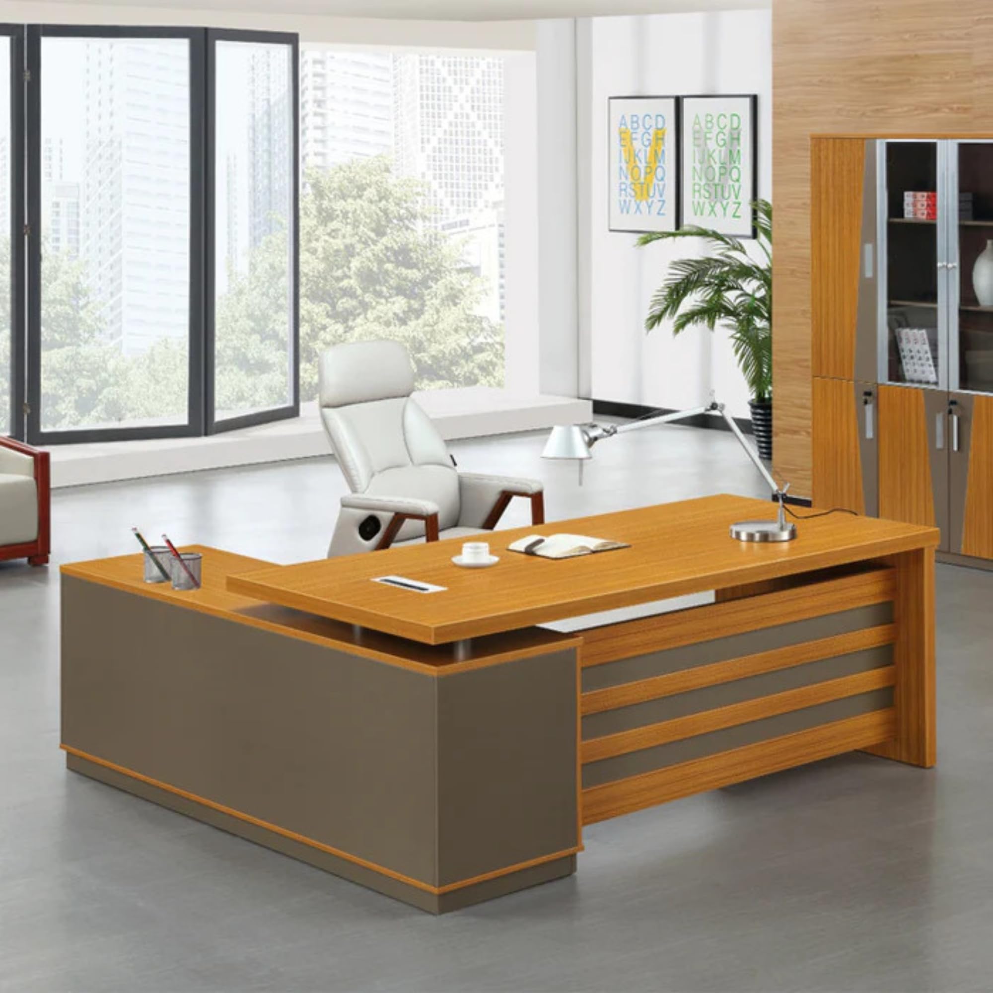 Lakdi The Furniture Co-Director and Executive L Shape Office Table Made in Particle Board Side Unit and Wire Manager Drawers & Openable Shutter 5-Year Warranty & Free Assembly (LDL-553)