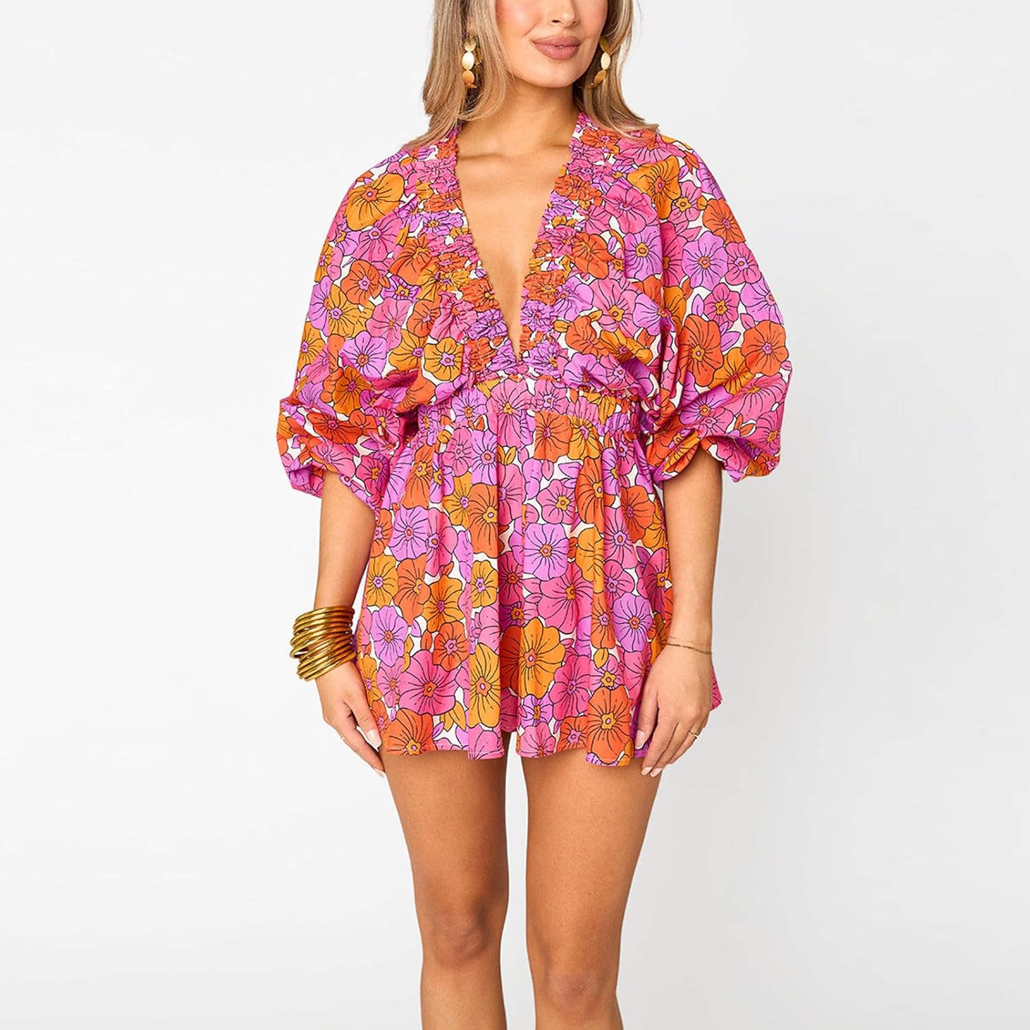 Yoawdats Womens Summer Plaid Romper Casual Loose Deep V Neck Loose Bubble Sleeve Wide Leg Jumpsuit Overalls Beach Streetwear