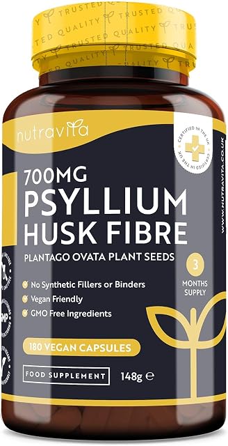 Psyllium Husks Fibre Supplement  1400mg per Serving  Naturally High in Soluble Fibre  180 Vegan Capsules  Supports Daily Rhythm  100% Pure Plantago Ovata Plant Seeds  Made in The UK by Nutravita
