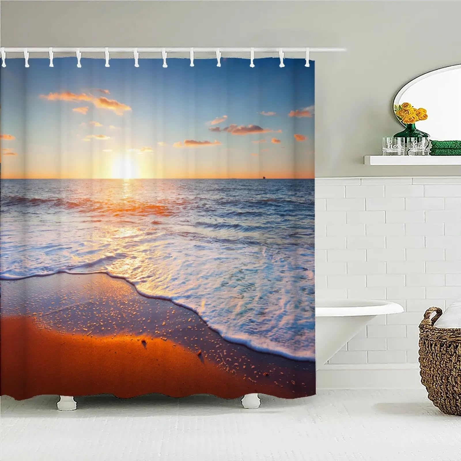 Rideau de douche 135x190cm motif plage soleil océan et plantes, rideau salle de bain tissu