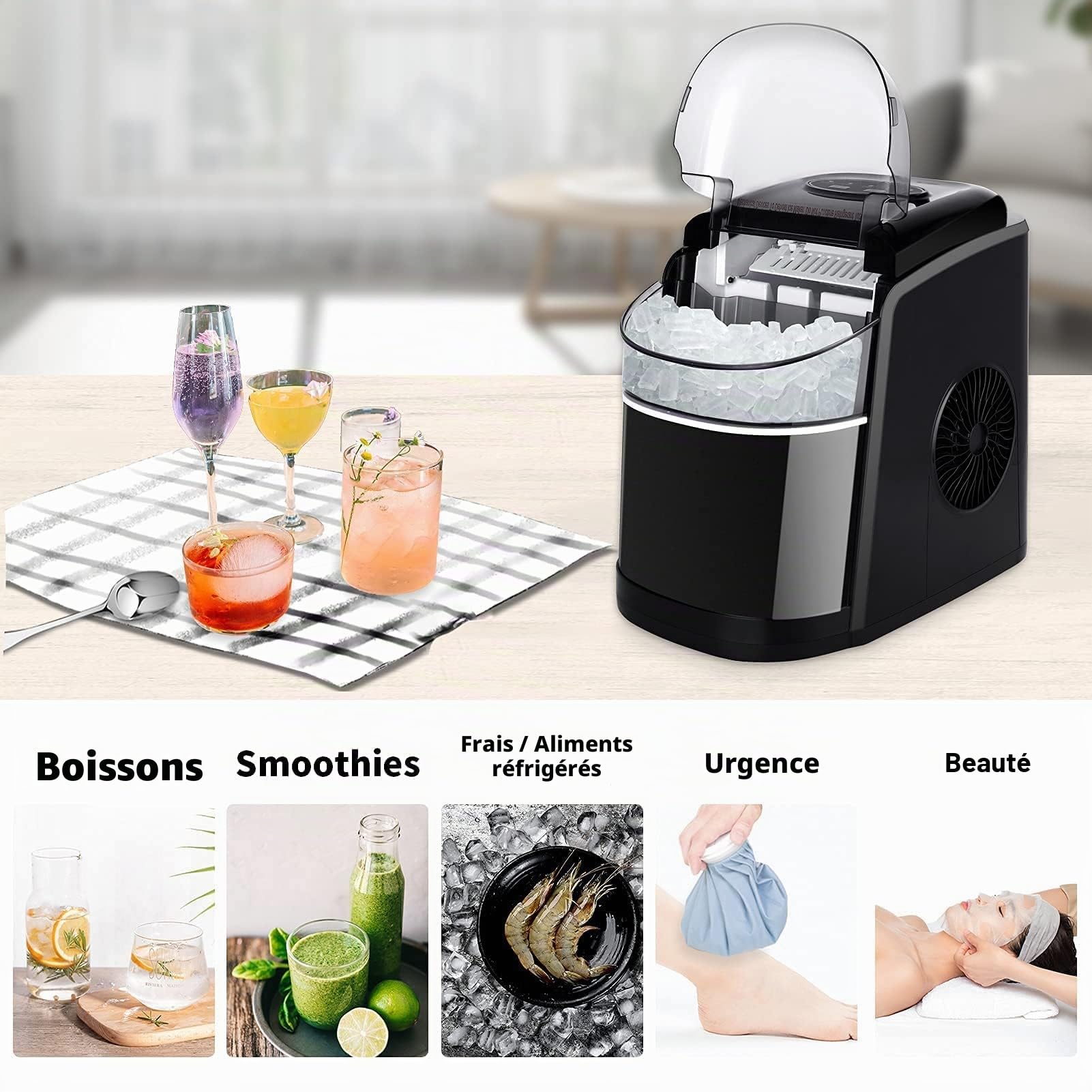 Machine à Glaçons, Machine a Glaçons 12kg en 24h, 9 Glaçons par 6 Min, Fenêtre Panoramique Visible, Machine à Glace avec Pelle à Glace et Panie, Silencieuse avec Fonction Autonettoyante