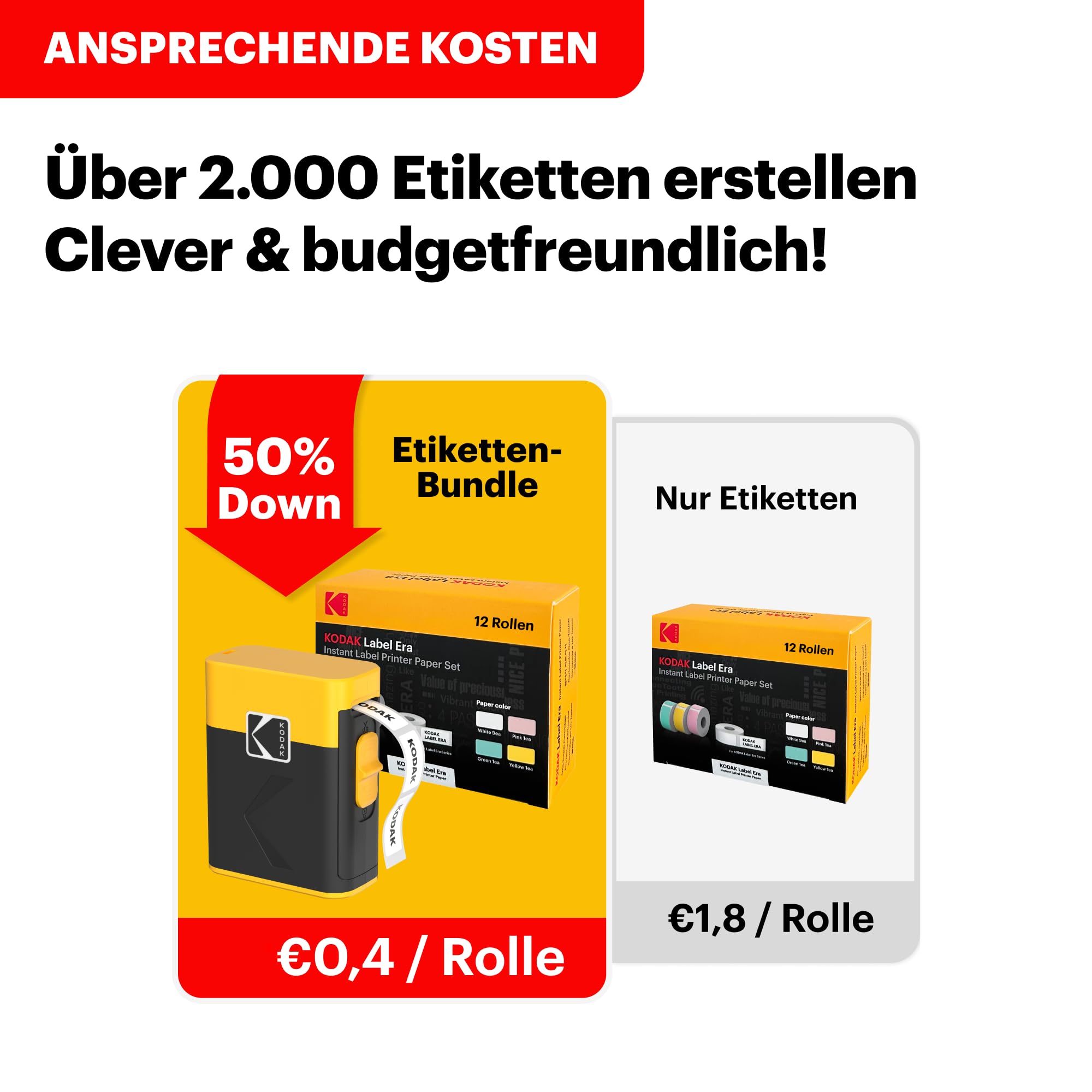 KODAK Label ERA M50 Etikettendruckmaschine, Gelb (Etikettendrucker mit 1 Rolle Aufkleber + 12 Rollen Set, Weiß 9 Rollen, Pink/Grün/Gelb je 1 Rolle)