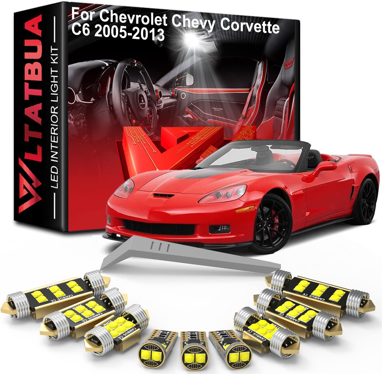 LED Interior Light Kit Package Replacement for Chevrolet Chevy Corvette C6 2005 2006 2007 2008 2009 2010 2011 2012 2013, Super Bright 6000K White License Plate Bulbs + Install Tool