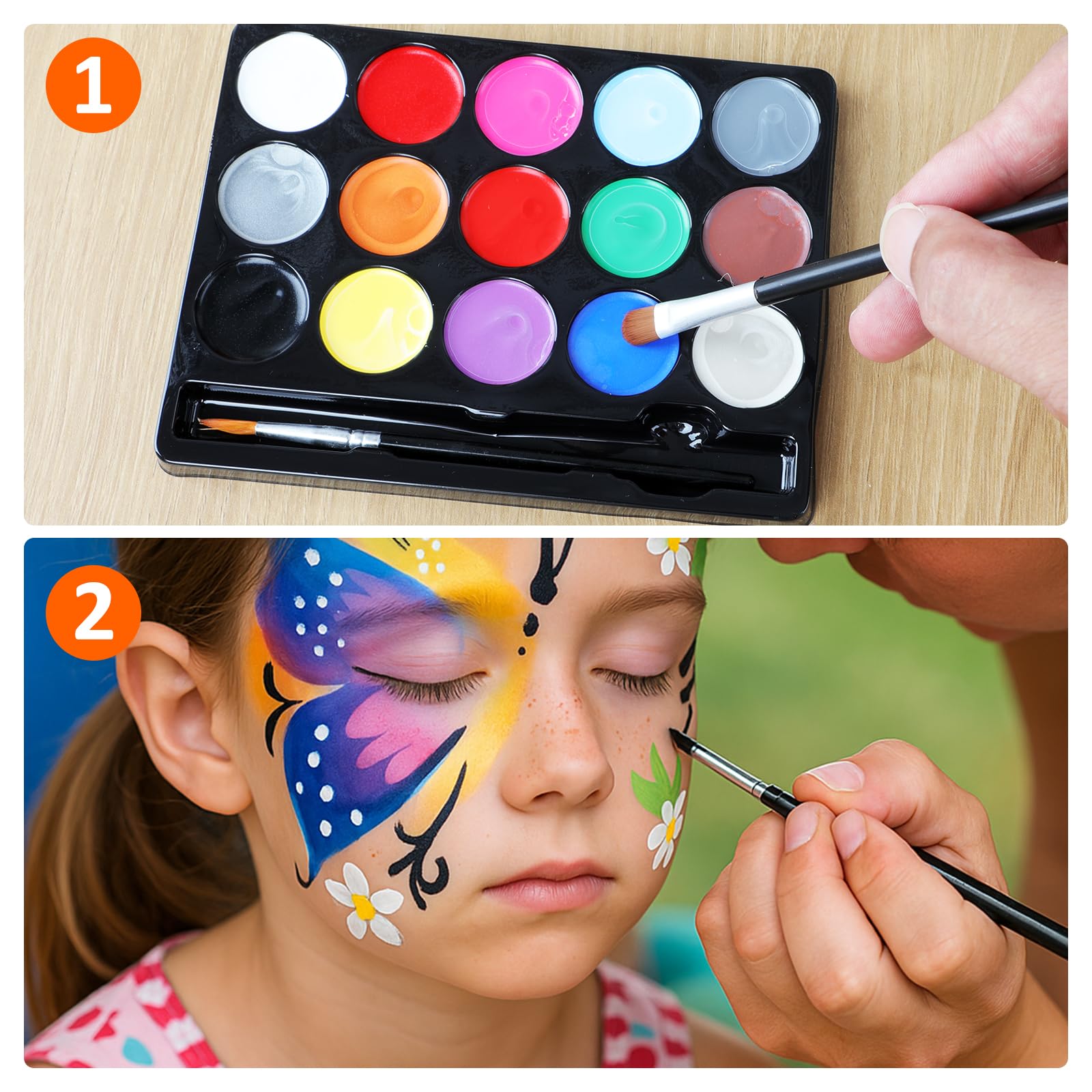 Face Painting 15 Colori – Pittura per Viso e Corpo con 30 Stampini e 2 Pennelli, Naturale, Sicuro e Facile da Rimuovere, Ideale per Feste, Carnevale e Halloween