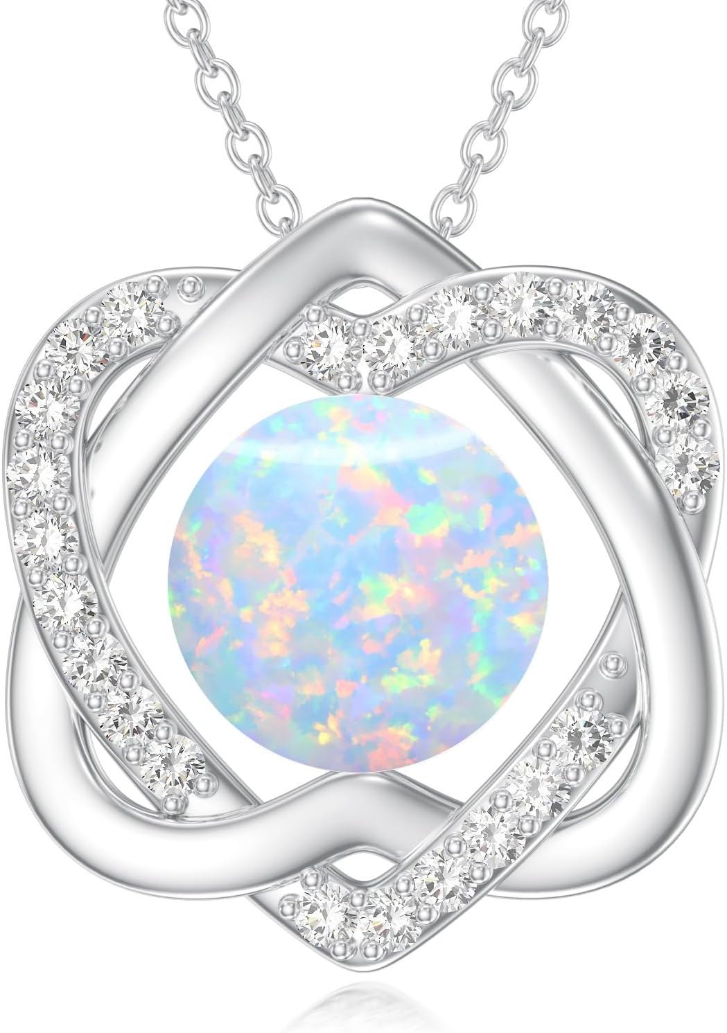 Opal Heart Necklace, Interlock Heart Pendant Necklace for Women Platinum Plated Silver White Opal Pendant October Birthstone Jewelry, 18''-20''