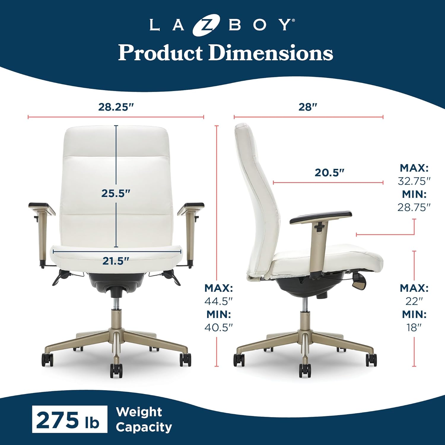 Diagram showing detailed product dimensions of the La-Z-Boy Baylor Executive Office Chair