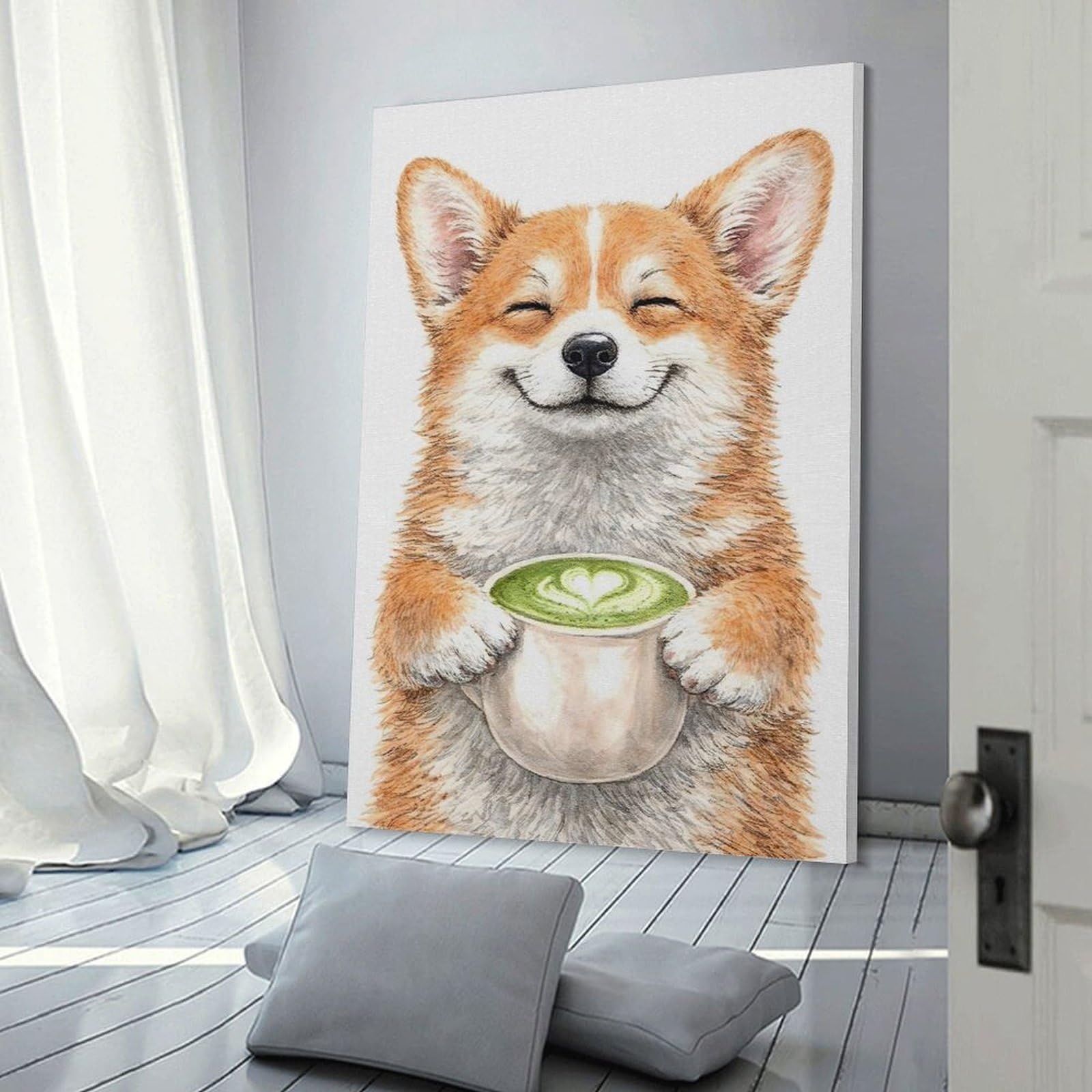 Junmoney Happy Corgi with Matcha Latte Canvas Art Print 24x36inch(60x90cm), for Work Areas, Reading Rooms Or Studios, Canvas Wall Decor for Creative Rooms