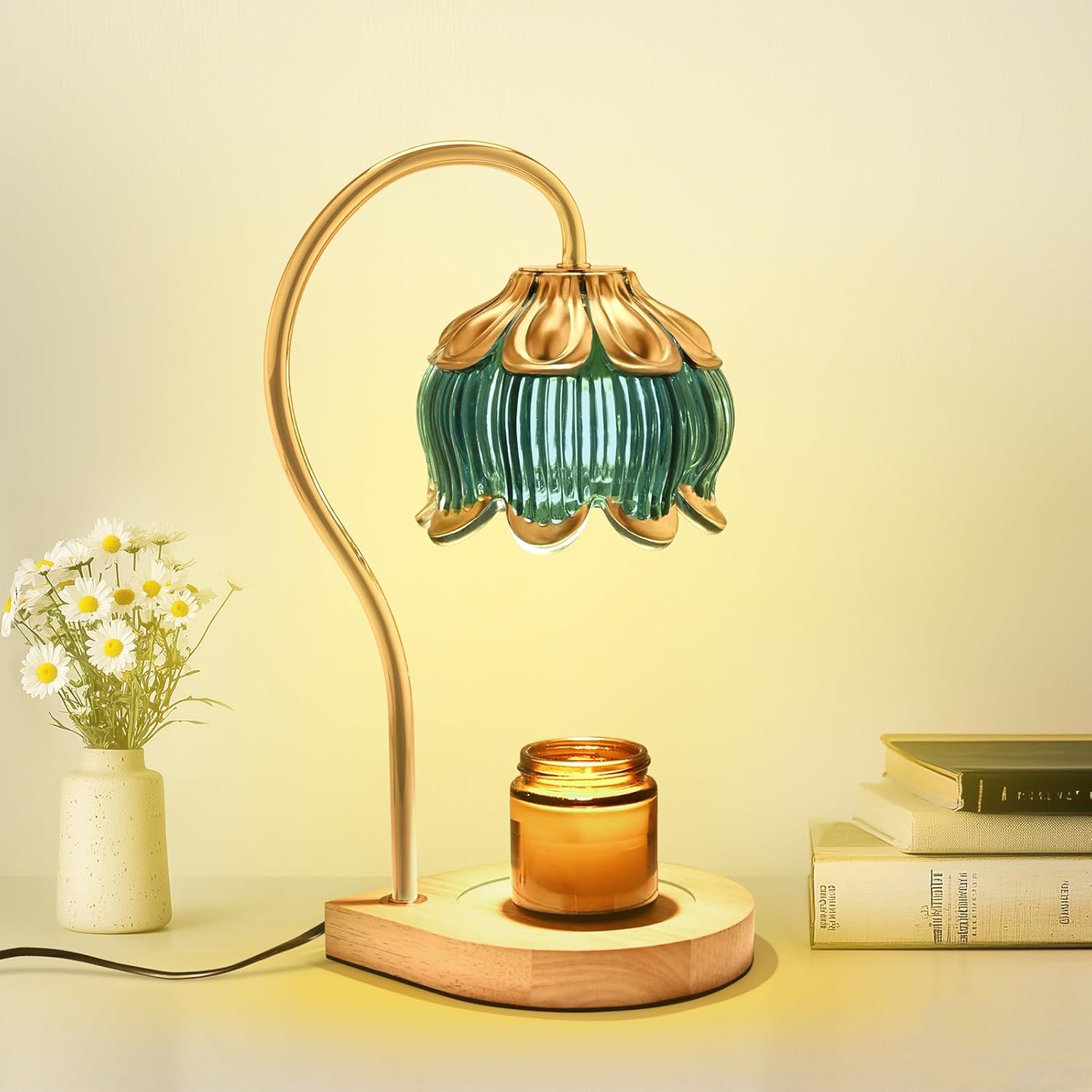 flower candle warmer lamp with timer - 3 adjustable brightness & 2h/4h/8h timer, golden floral design on green petals & wood base, safe wax melt light with 2 gu10 bulbs, gift for women home decor