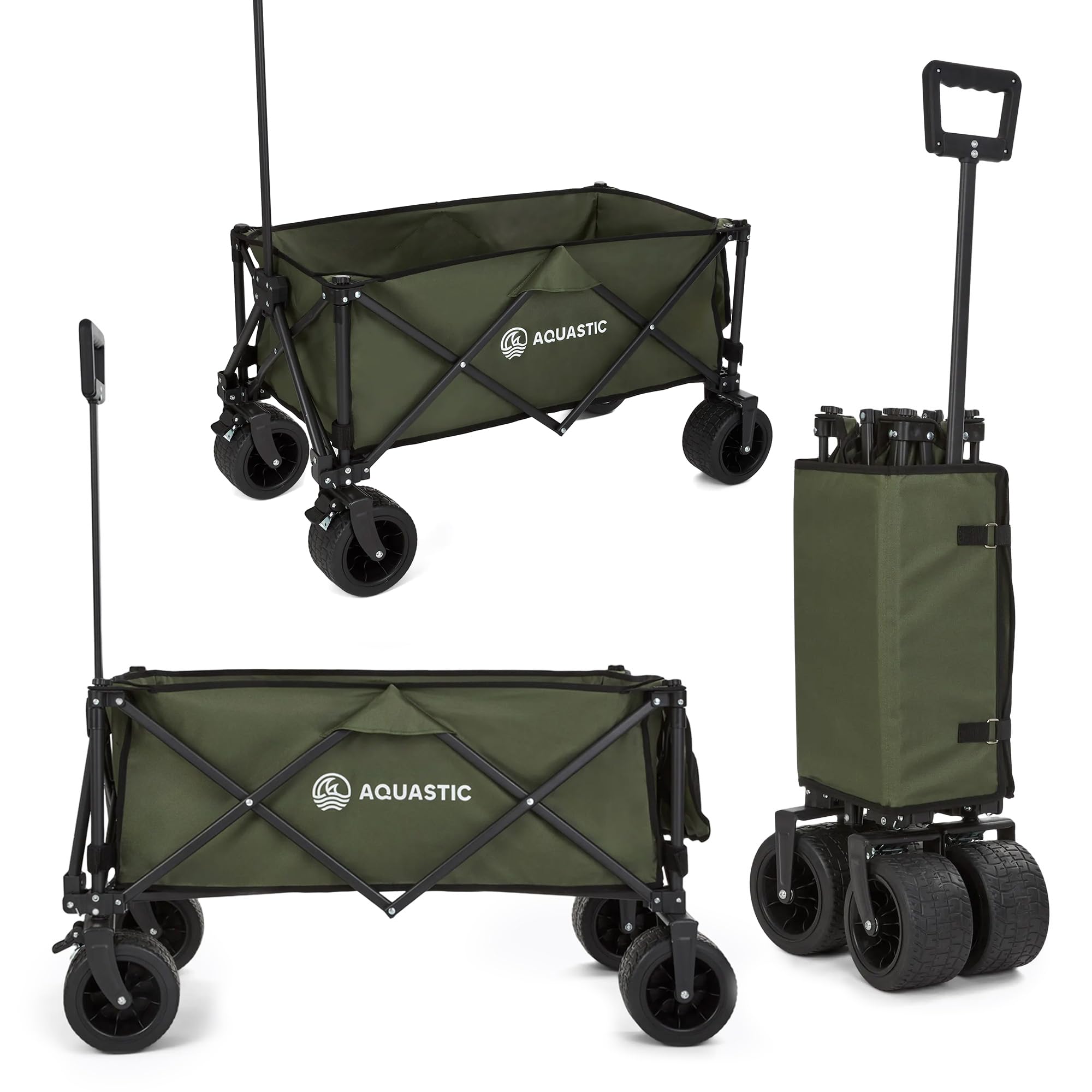 AQUASTIC Carrito con Ruedas portatodo Caro Carro de Mano de Transporte con Ruedas Resistentes de PVC Ideal Carro de jardín y Playa con Respaldo Ajustable Oliva