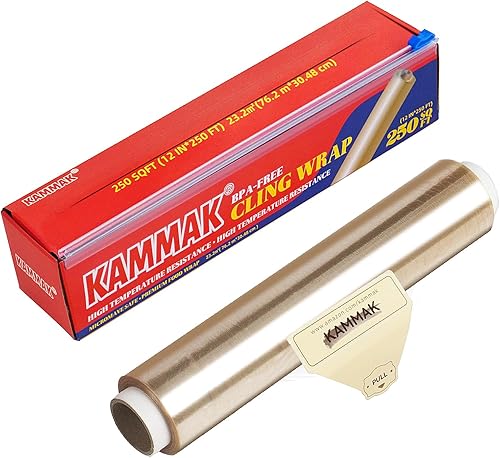 KAMMAK Food Cling Wrap, Kitchen Plastic Wrap with Slide Cutter, Professional Restaurant Bulk Cling Film Roll Quick Cut Food Service Film(12 IN*250