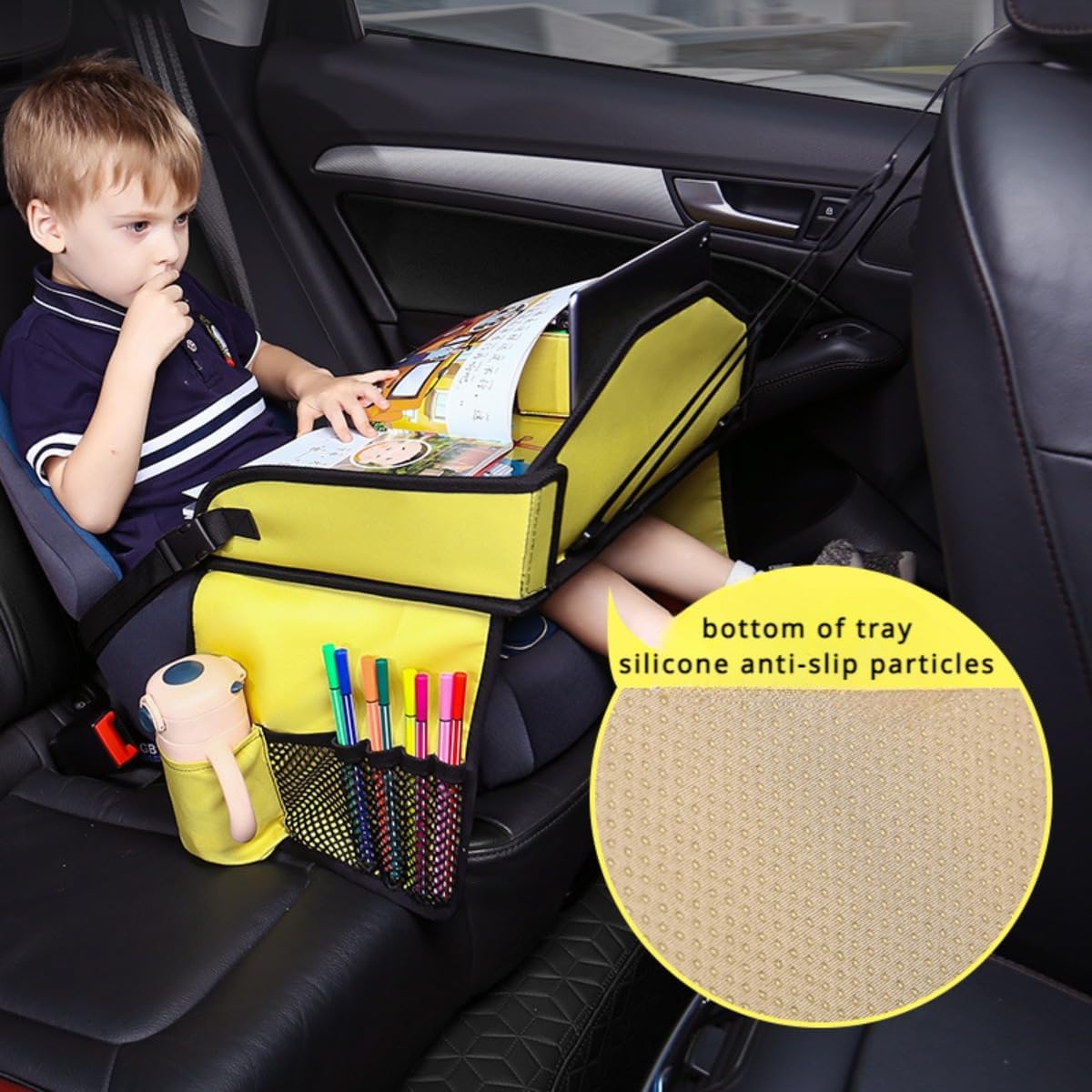 Kids Travel Tray Cute Cartoon for Car Seat Road Trip Essentials Activity Table Toddler Lap Desk Oraganizer for Car (green cars)