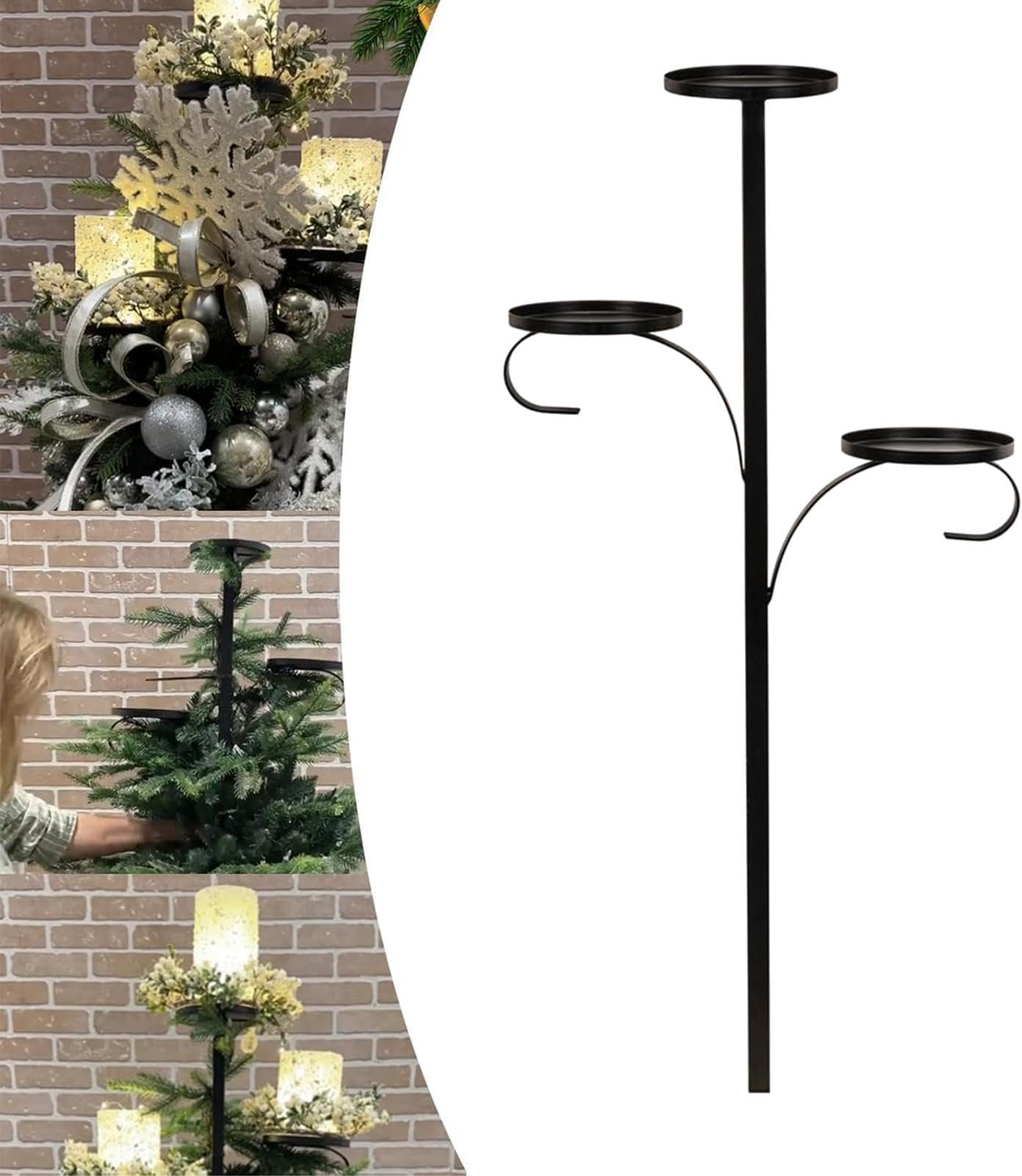 Triple Tree Topper Candle Holder, White/Black Shelf for Christmas Tree, Light up Christmas Decor Accessories