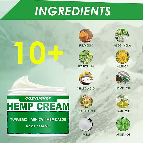 Miniatura 2 de Crema de cáñamo natural de 8.5 onzas con árnica, Msm, cúrcuma, aceite de emú, crema de cáñamo de gran capacidad, máxima fuerza para rodillas,