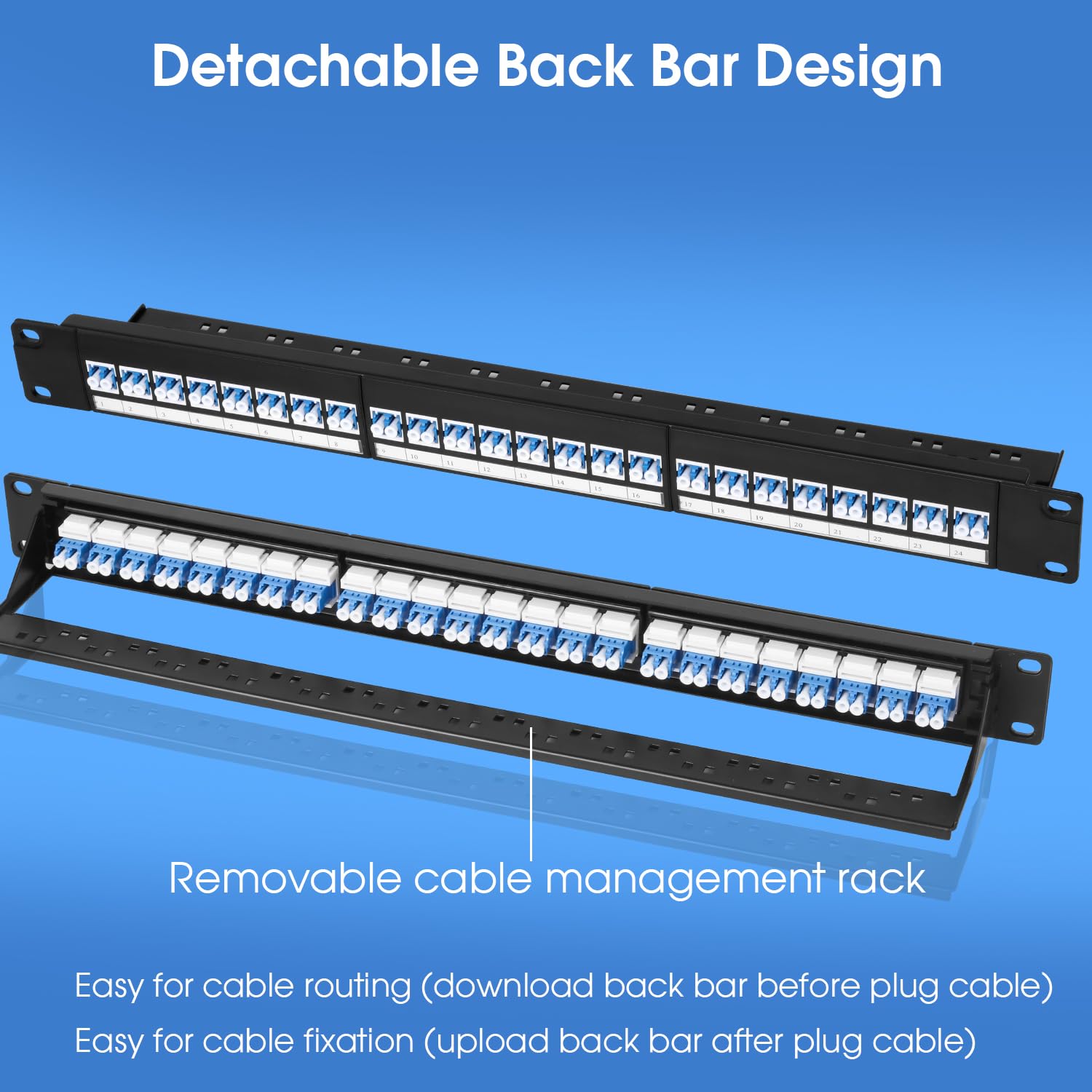 48 Port LC Fiber Patch Panel, 1U 19", caricato con 24 adattatori ottici monomodali duplex della fibra di LC/UPC