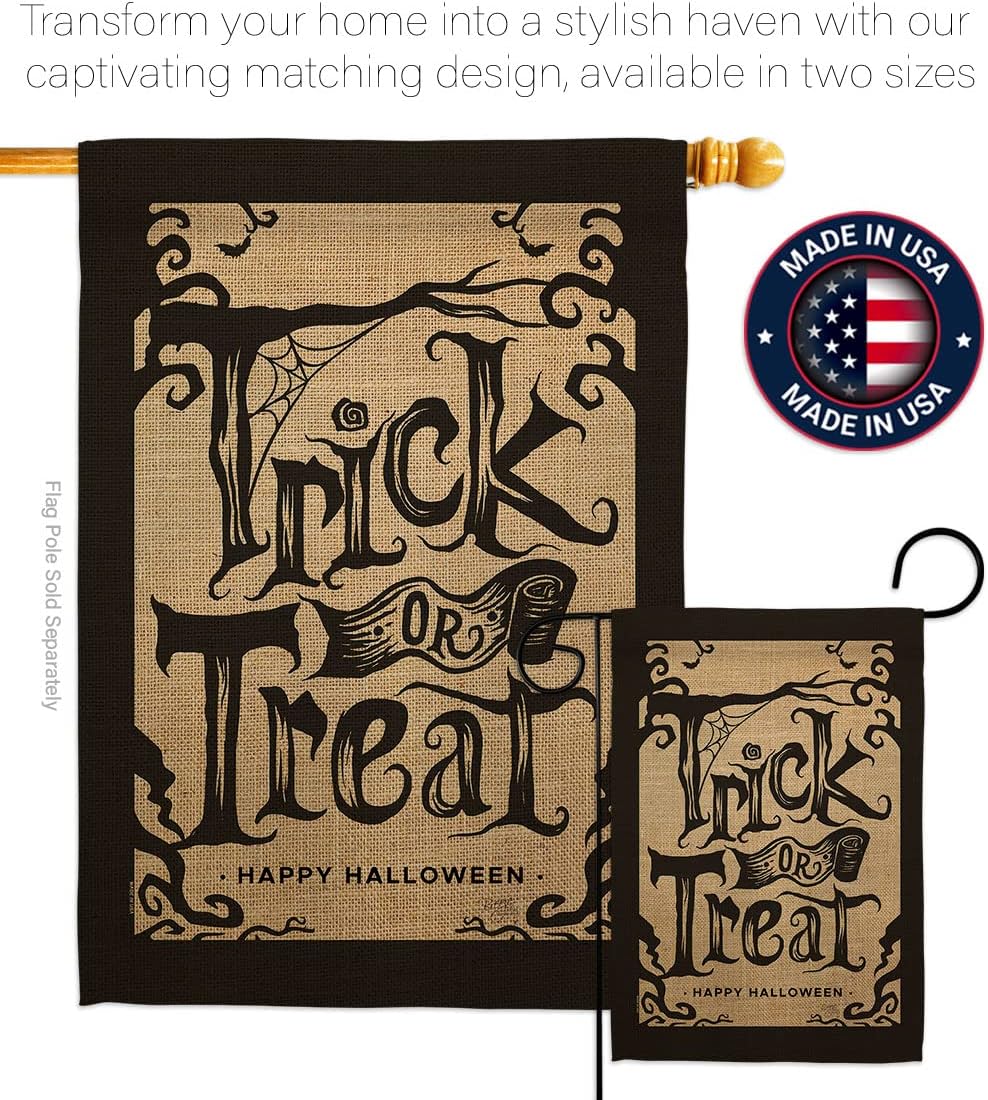 Halloween Trick Garden House Flag - Set Fall Witch or Treat Spooky Night Black Cat Season Autumntime Pumpkin - Decoration Banner Small Yard Gift Double-Sided Made in USA 28 X 40