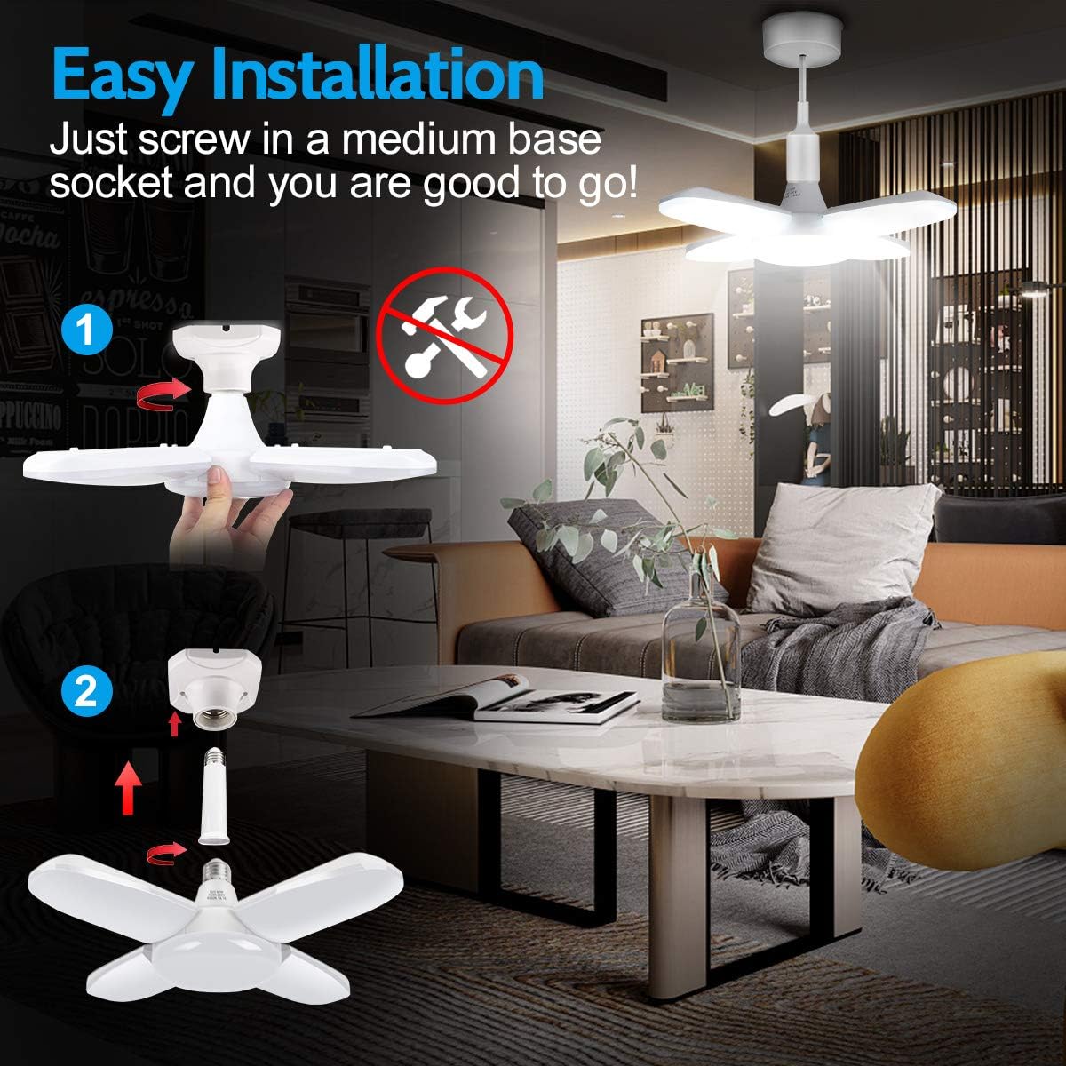 Led Garage Light 6000LM 60W Garage Light with Multi-Position Panels 4 Leaf Garage Light Illuminator 360 Deformable Garage Lighting Fixture Screw in LED Shop Light Bulb for Barn Basement Workshop Attic