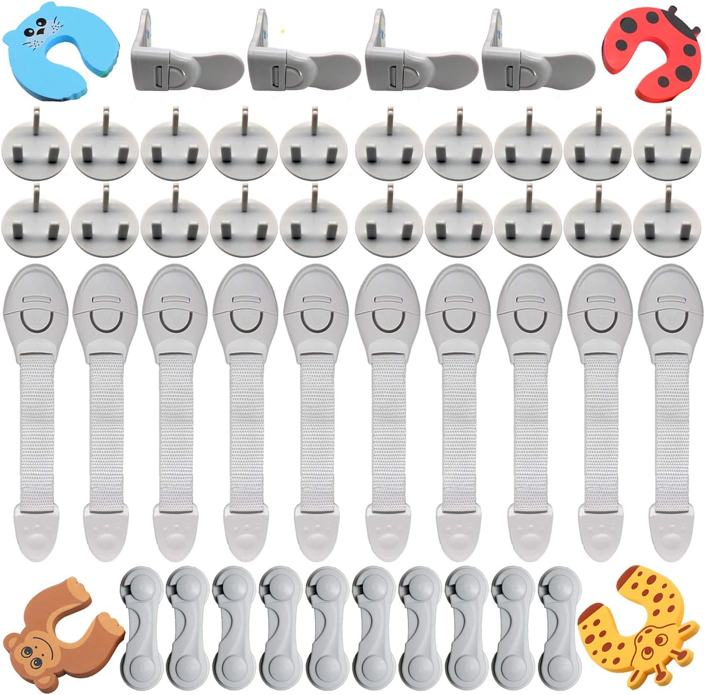 Baby Proofing Kit (48 Piece) -20 pcs Socket Covers + 10 pcs Cabinet Locks + 10 pcs Cupboard Locks + 4 pcs Rectangular Locks + 4 pcs Foam Door Stoppers