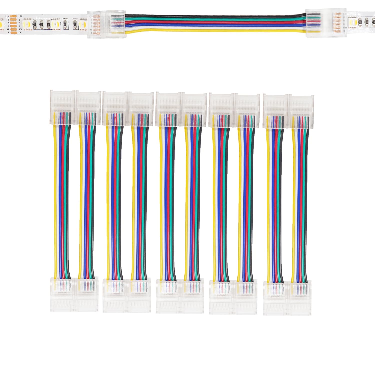 6-polig RGB CCT 12MM LED Streifen Verbindungskabel Set, transparente Schnellverbinder, geeignet für wasserdichte und nicht wasserdichte Streifen - 10 Stück