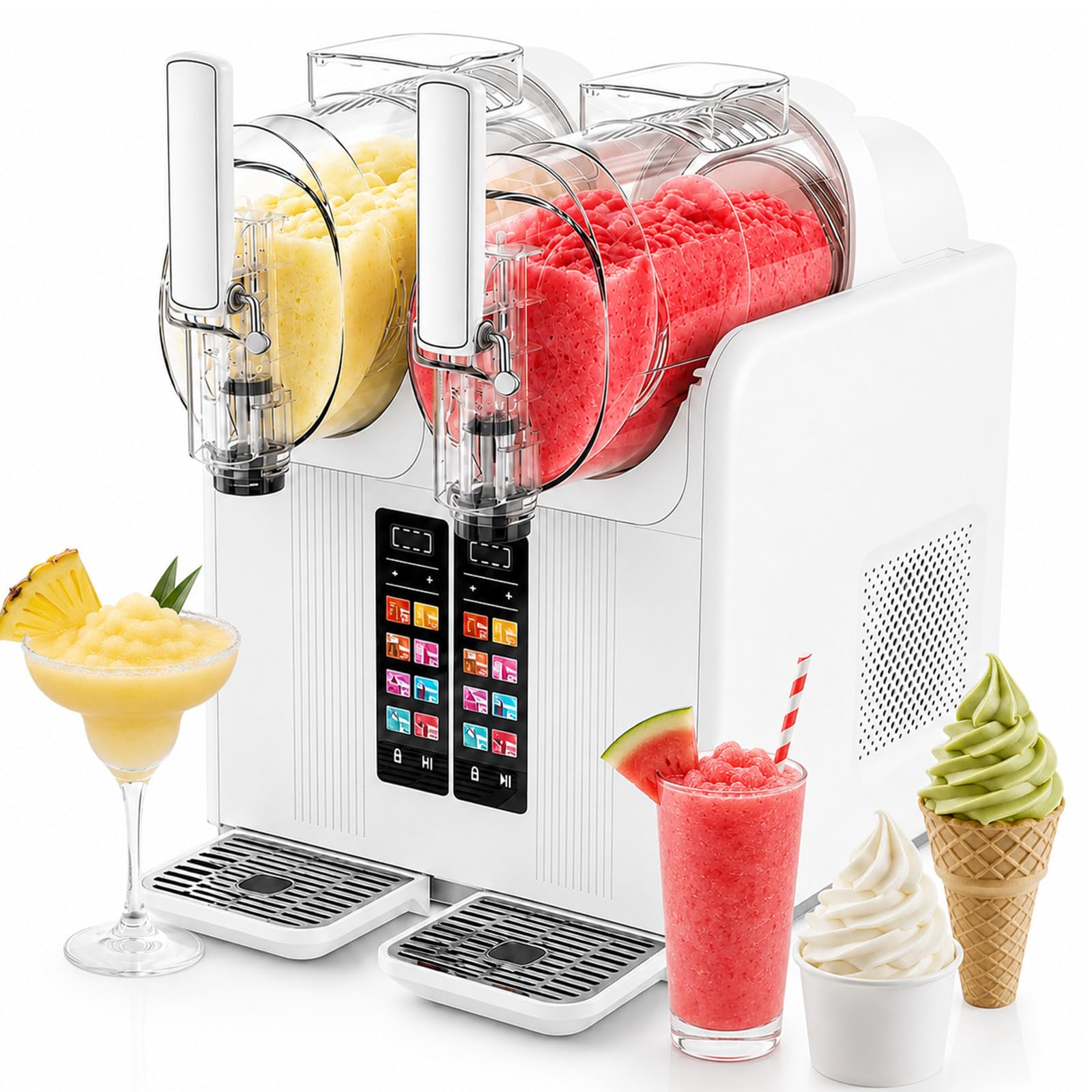 Genérico Máquina para Hacer granizados, Doble Recipiente de 2 litros, 7 programas para Batidos, cócteles y zumos, Temperatura Ajustable de -10 °C a 0 °C, no Necesita Hielo, Fiestas (Blanca).