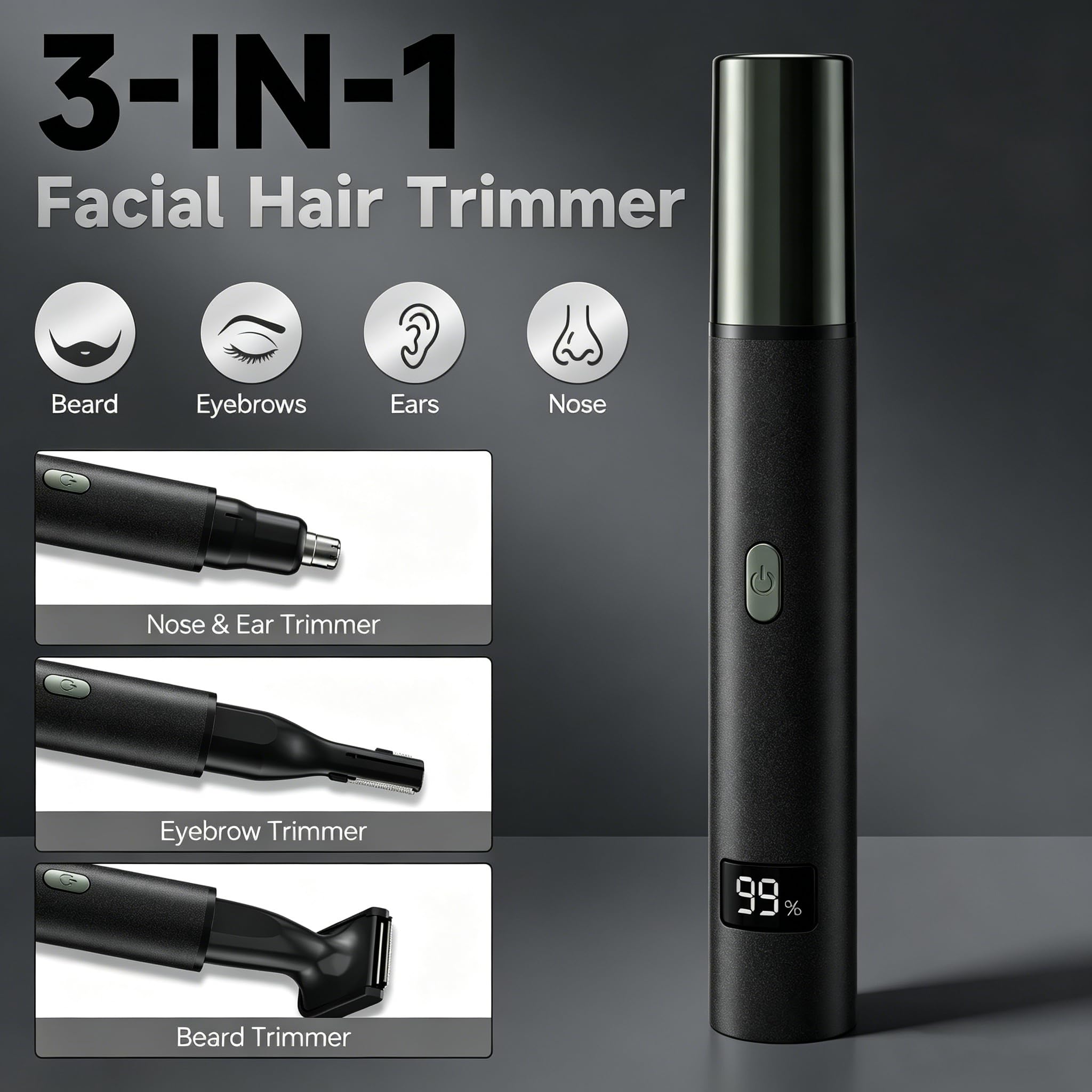 RUIM 3-in-1 Nasenhaarschneider für Männer & Frauen, schmerzloser Augenbrauen-Ohr-Gesichtspflege, USB-C Schnellladung Wasserdicht mit LED-Anzeige, Duschsicheres Reise-Kit Geschenk für Papa Weihnachten