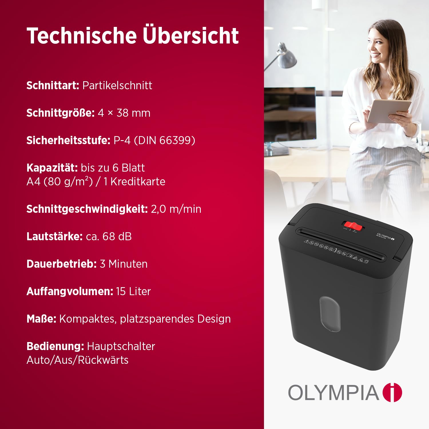 OLYMPIA PS 53 CC Pro Aktenvernichter schwarz | Papierschredder für Home Office & Büro | Schredder Aktenvernichter P-4 | Partikelschnitt 4×38 mm | 6-Blatt Shredder Papier | 15 L Papier Schredder Gerät