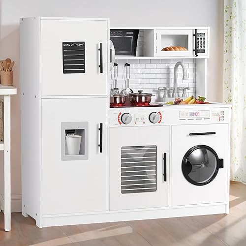 Juego de cocina para niños, juego de juguetes de madera con diseño realista, sonidos de luces, ollas y utensilios para niños y niñas a partir de 3