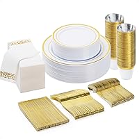 Vista 1 de BESTVIP 175 PCS Gold Dinnerware Set for 25 Guests, Plastic Dinnerware Set for Party, Wedding, Christmas, Halloween, Include: 50 Plastic Plates, 25