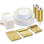 BESTVIP 175 PCS Gold Dinnerware Set for 25 Guests, Plastic Dinnerware Set for Party, Wedding, Christmas, Include: 50 Plastic Plates, 25 Gold Silverware, 25 Cups, 25 Paper Napkins