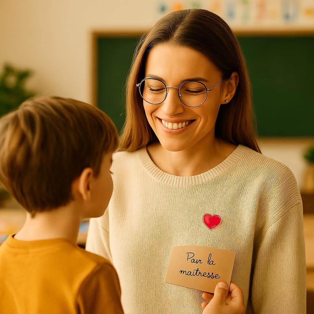 Pin's Merci Coeur Emaillé Rouge avec Carte Message et Pochette Cartonnée – Cadeau Remerciement Maîtresse, ATSEM, Nounou – Fin d'Année Scolaire Ecole Original