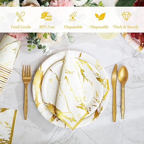 Miniatura 7 de Bokon El juego de vajilla desechable de 350 piezas de suministros de fiesta color blanco dorado incluye 100 platos, 50 vasos de papel de 9 onzas, 50