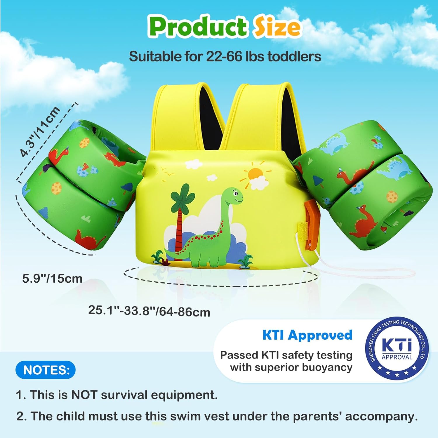 MoKo Toddler Swim Vest for Kids, Swim Arm Floaties 22-66lbs Cartoon Swimming Water Wings Pool Float Vests Sleeves Shoulder Straps Arm Band for Children, Yellowish Green Dinosaur