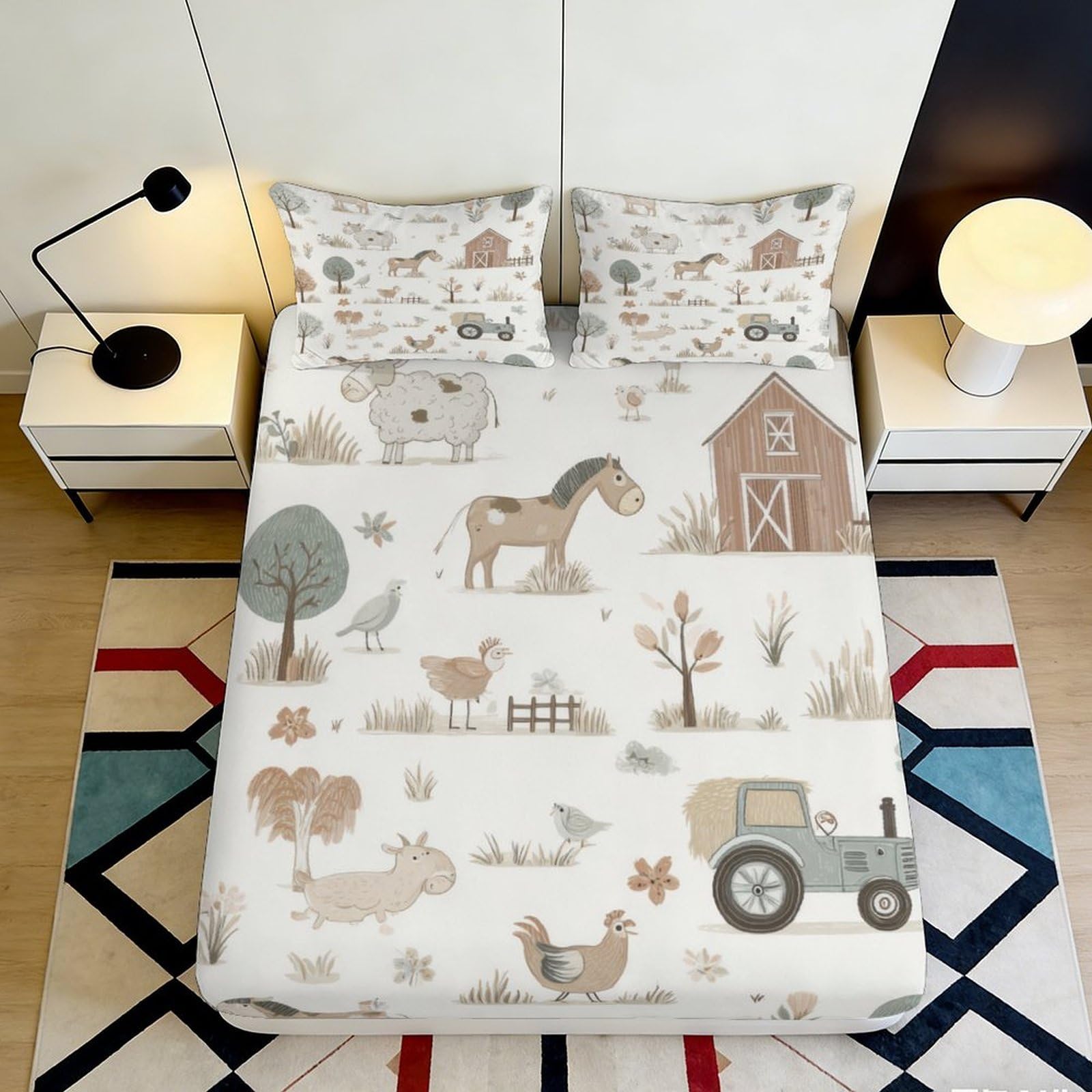 3D Printed Farm Animal Fitted Sheet Microfiber Soft Breathable Countryside Tractor Mattress Cover for Bedroom Dorm Decor 118 90x200x25cm