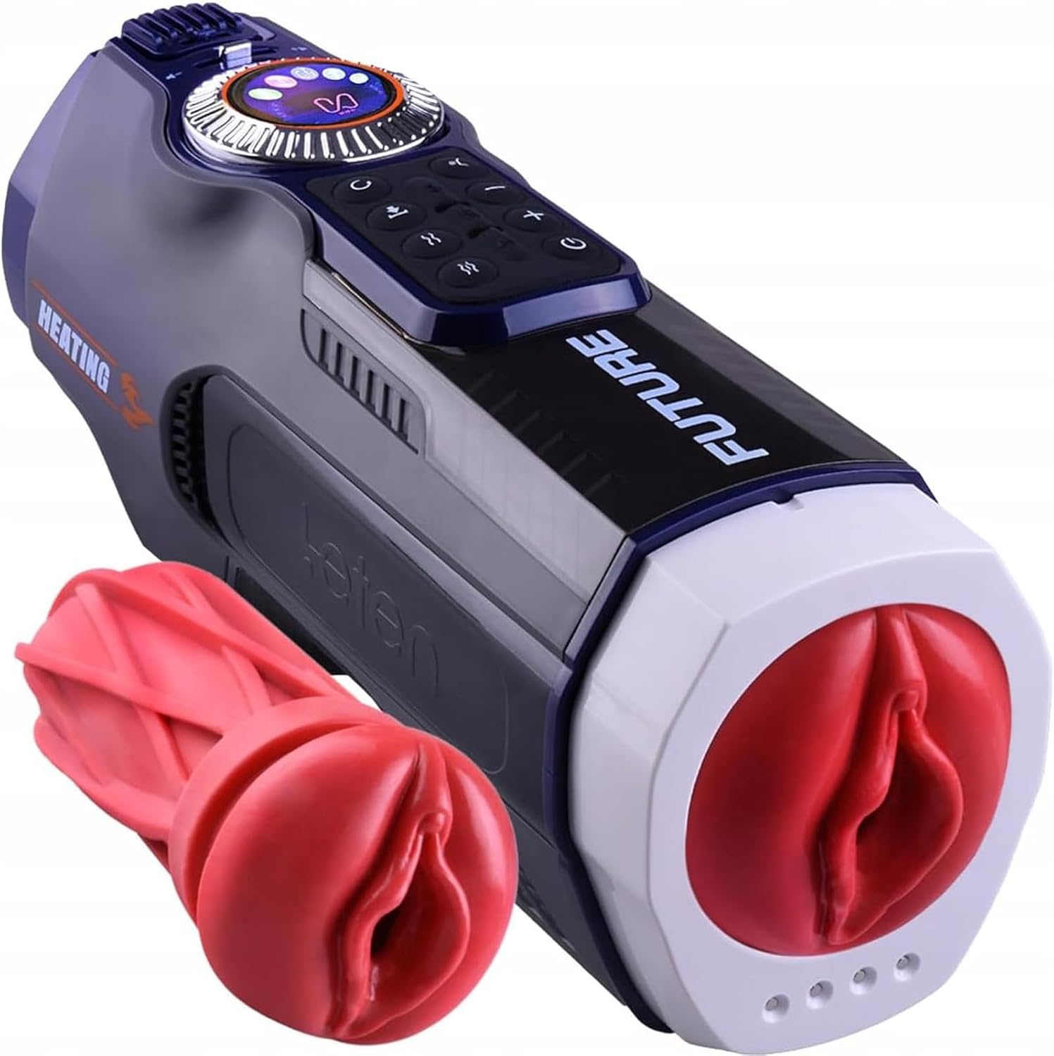 Leten Future Pro Automatic Male Masturbator with a red textured sleeve beside it.