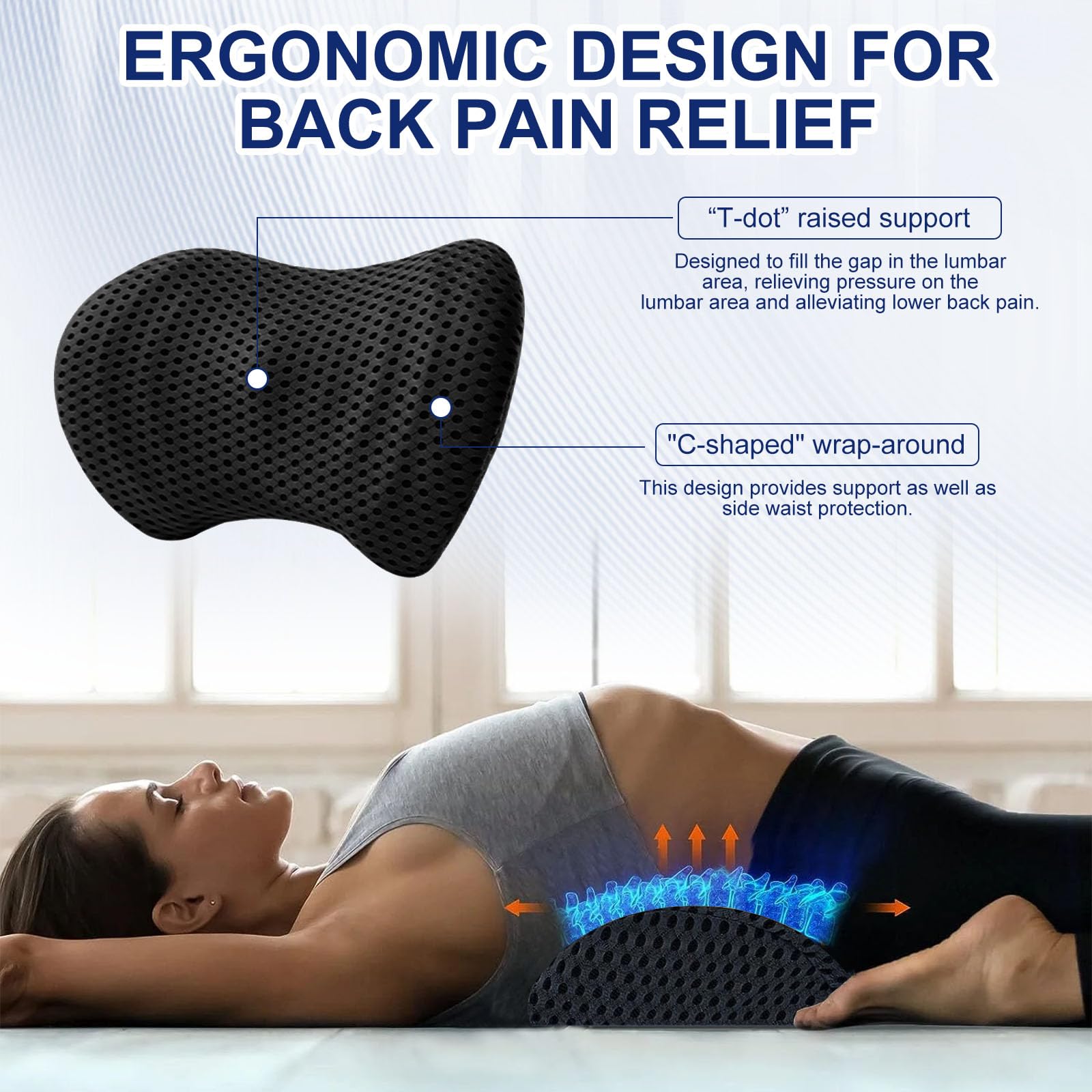 Raxfekro Cuscino lombare per la schiena, cuscino lombare ergonomico in memory foam, schienale imbottito per supporto posteriore, cuscino lombare per sedili auto e sedie da ufficio (Nero)