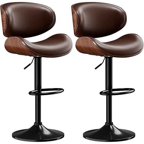 Bar Stools Set of 2, Adjustable Swivel Leather Bar Stools for Kitchen Island, Mid Century Modern Counter Height Bar Chairs Barstools with Back & Footrest (Brown)