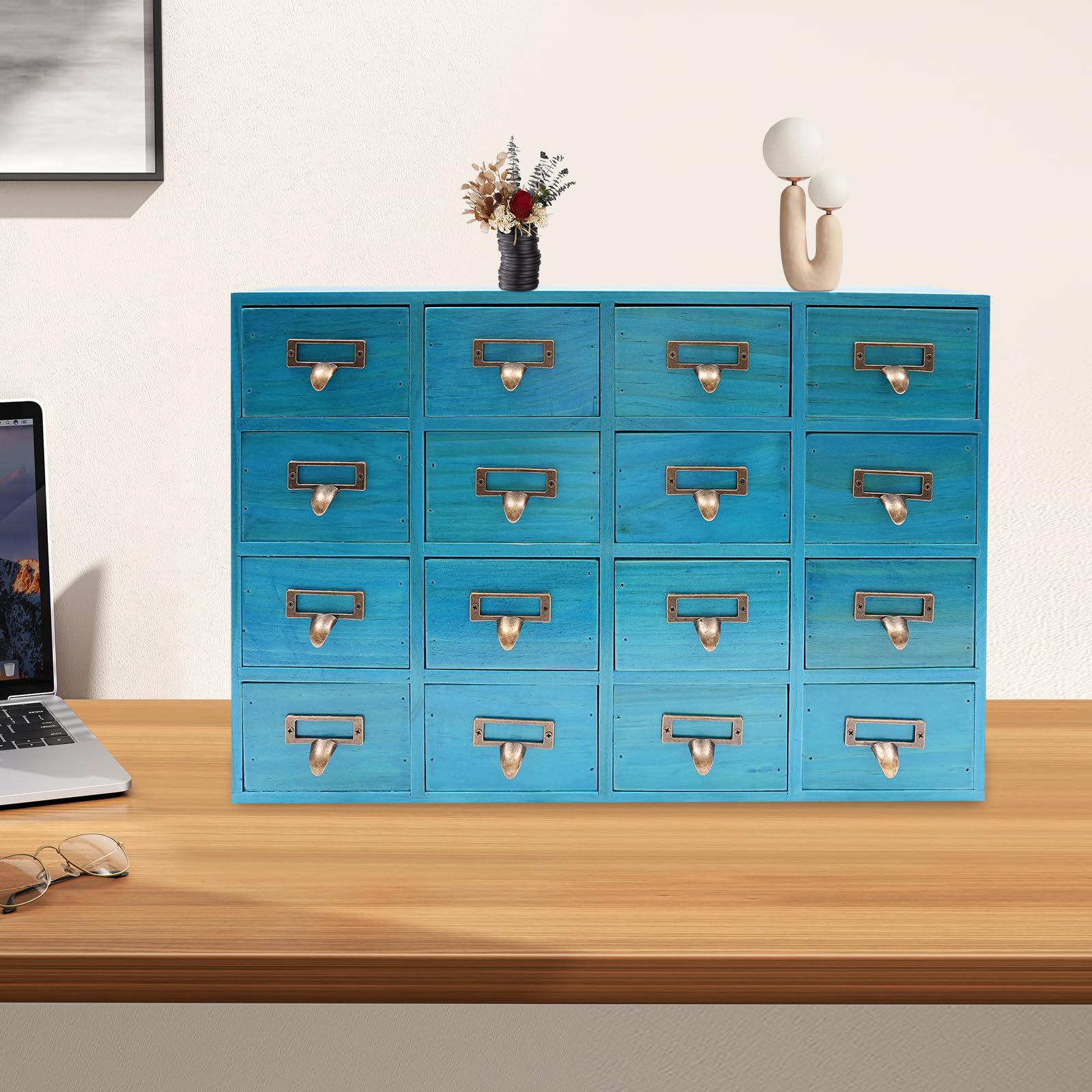 Vintage Apothekerschrank mit 16 Schubladen, Blauer Holz Schubladenschrank, Mini Kommode für Schreibtisch Organizer & Aufbewahrung von Schmuck, Medikamenten & Kleinigkeiten