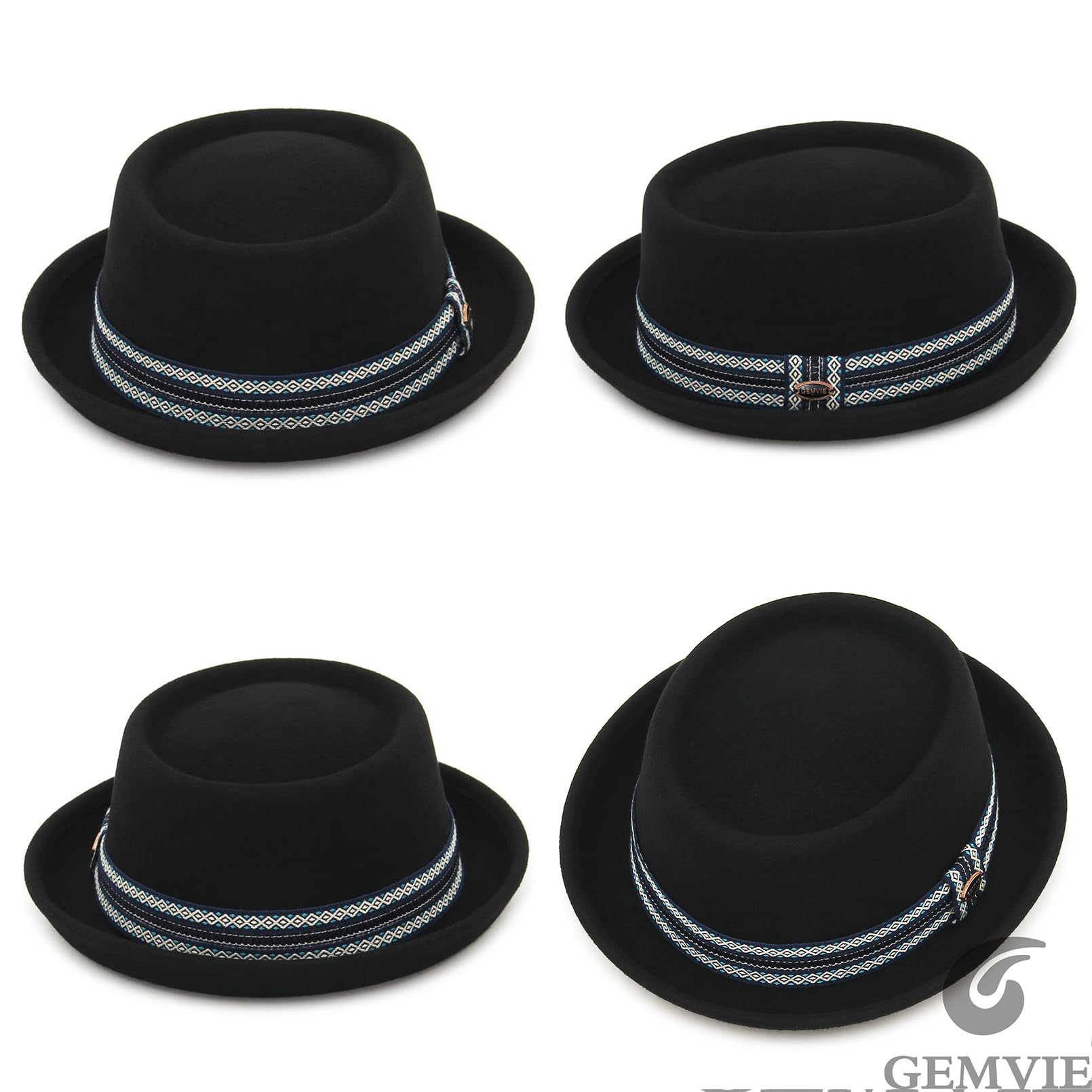 GEMVIE Kapelusz wieprzowy dla mężczyzn i kobiet 100% filcowy wełniany kapelusz Fedora Trilby czarny dorosły unisex kapelusze porkpie, Czarny + retro pasek, Rozmiar uniwersalny