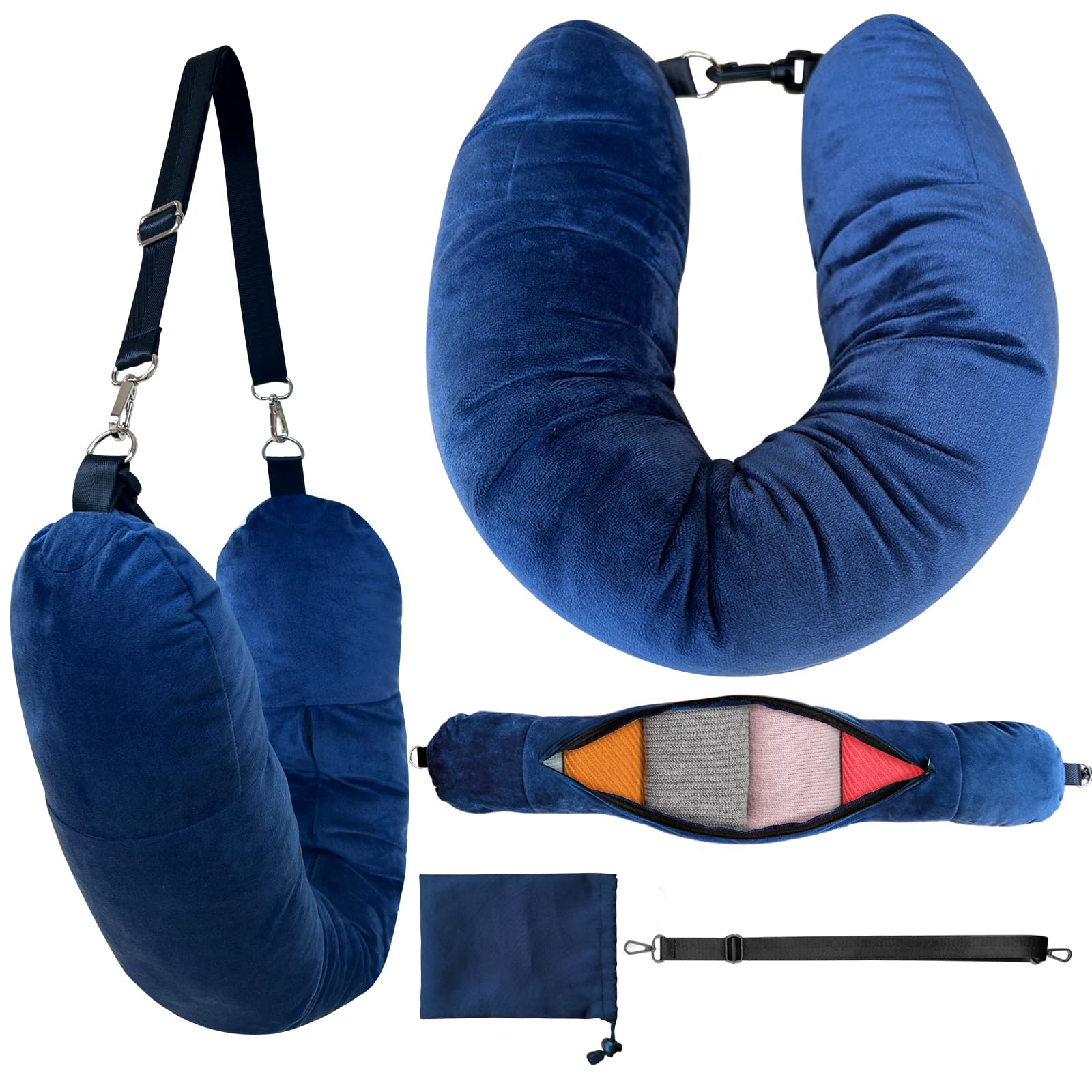 Stuffable Neck Pillow,Travel Neck Pillow Stuffable with Clothes,Travel Pillows for Airplane Train Car,Holds 3+ Days of Travel Essentials Storage Bag,Soft Velvet Neck Pillow Cover(Sea Blue)
