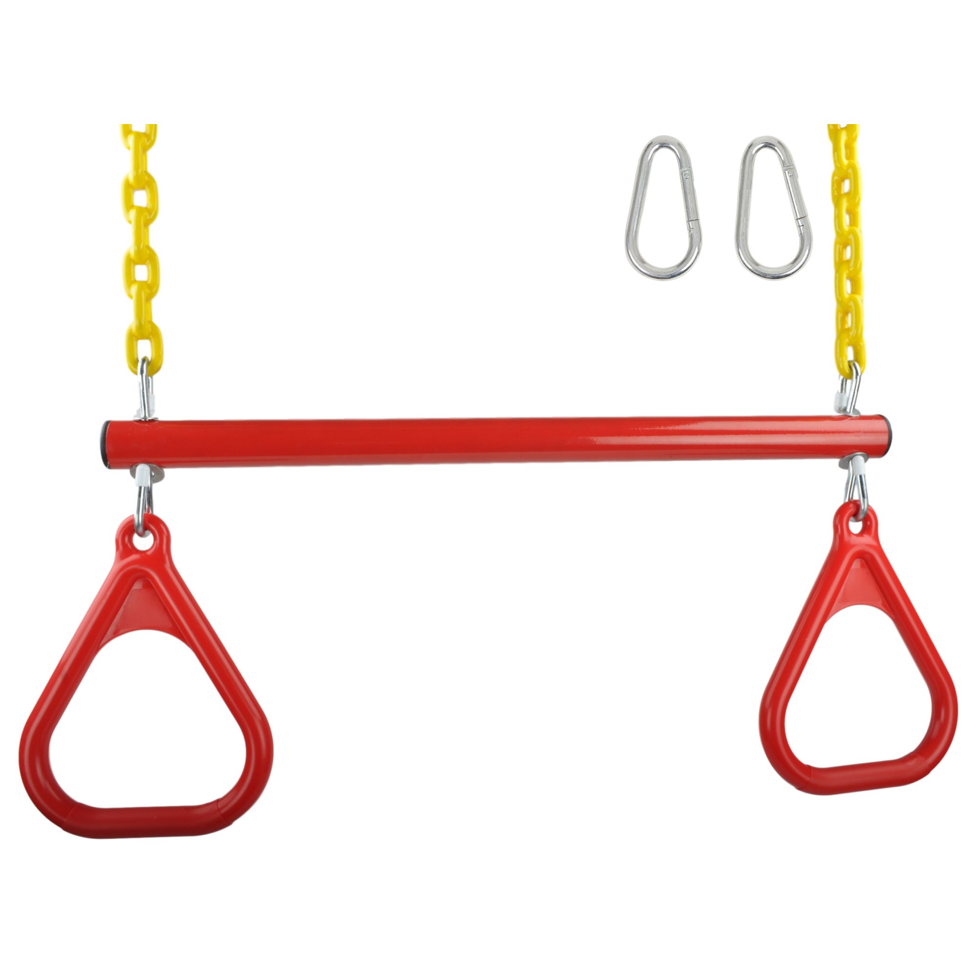 Swing Set Stuff Inc. Trapeze Bar with Rings and Coated Chain with SSS Logo Sticker, Red/Yellow
